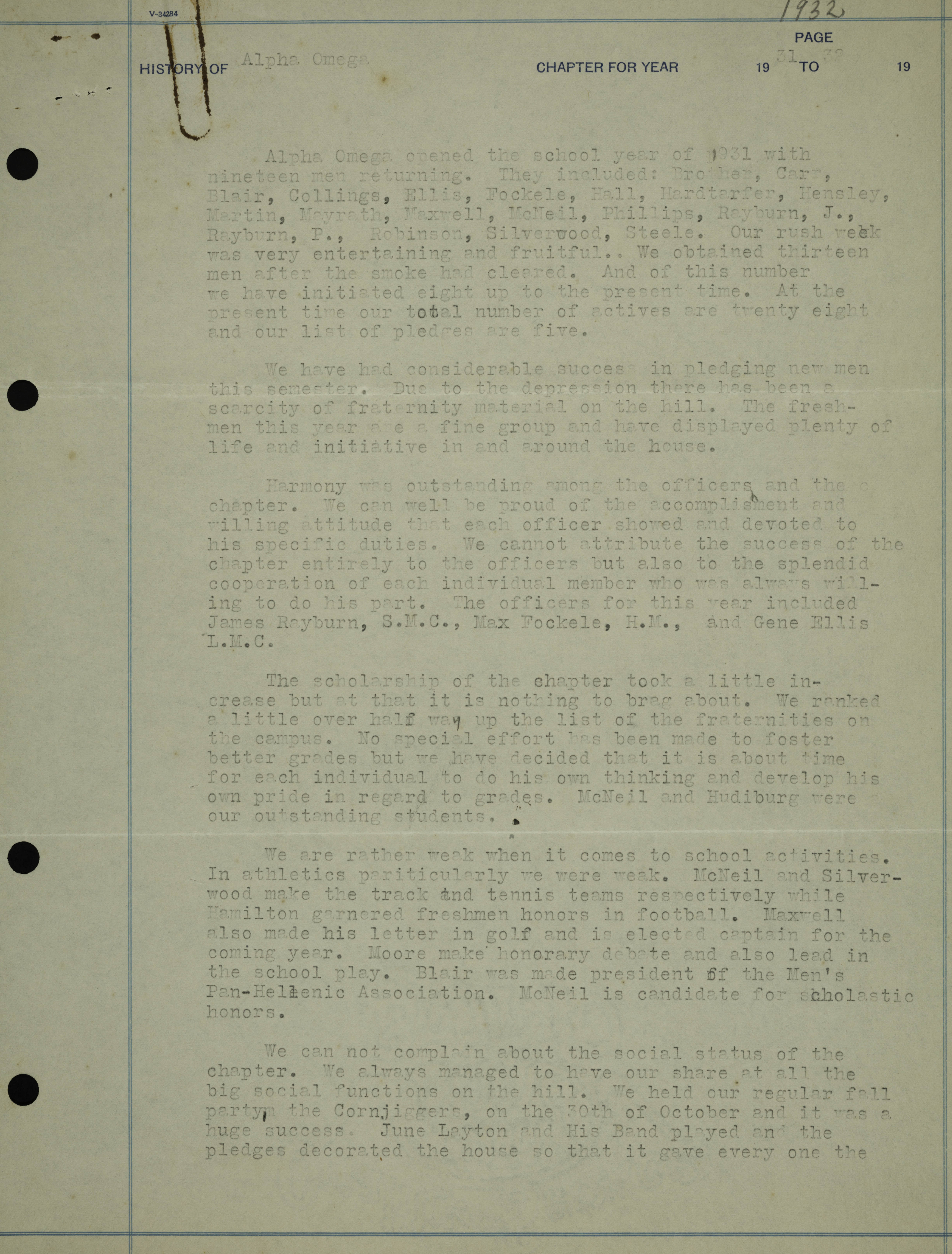 History of Alpha Omega Chapter, 1931-1932