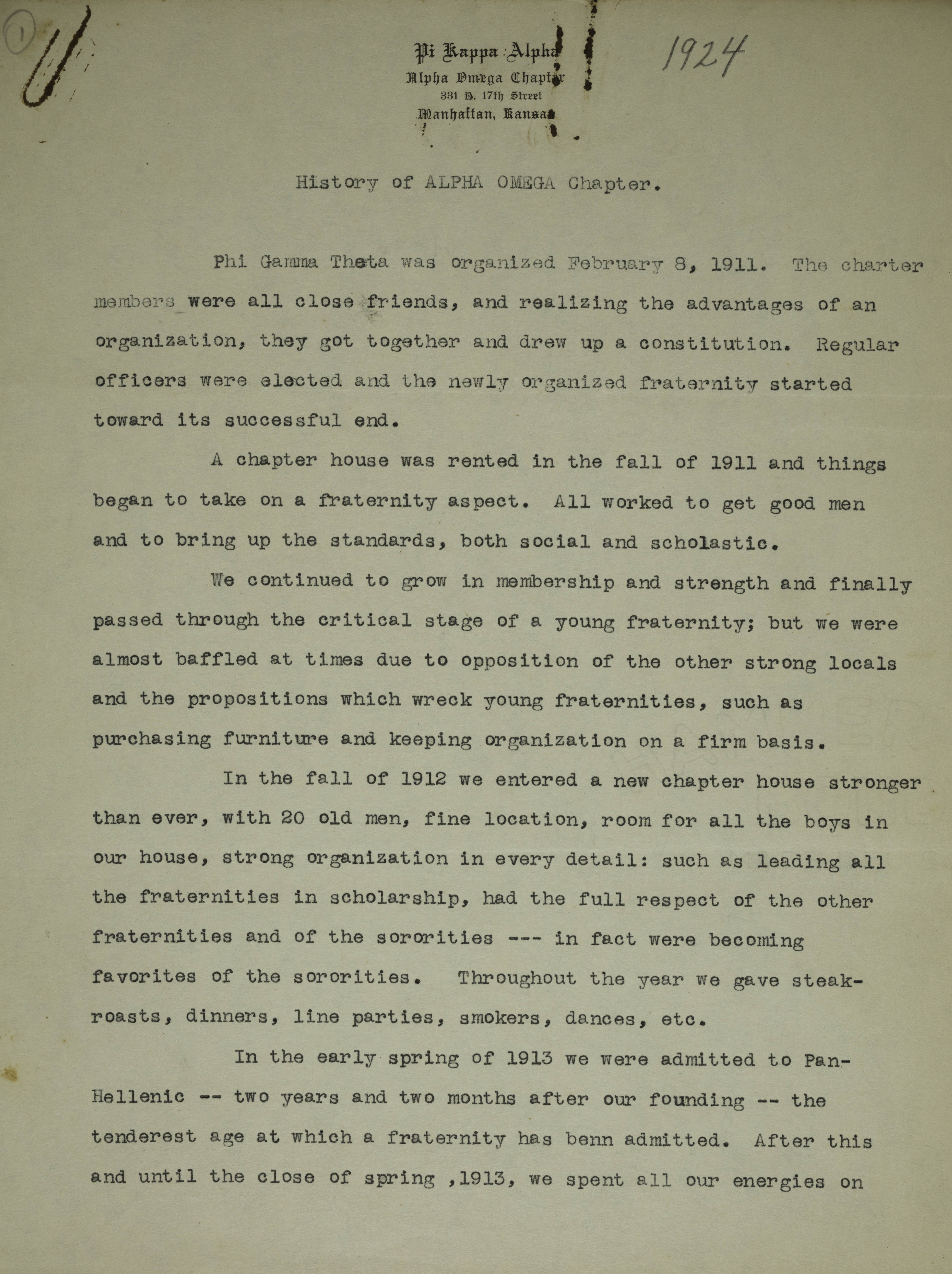 History of Alpha Omega Chapter, 1911-1925