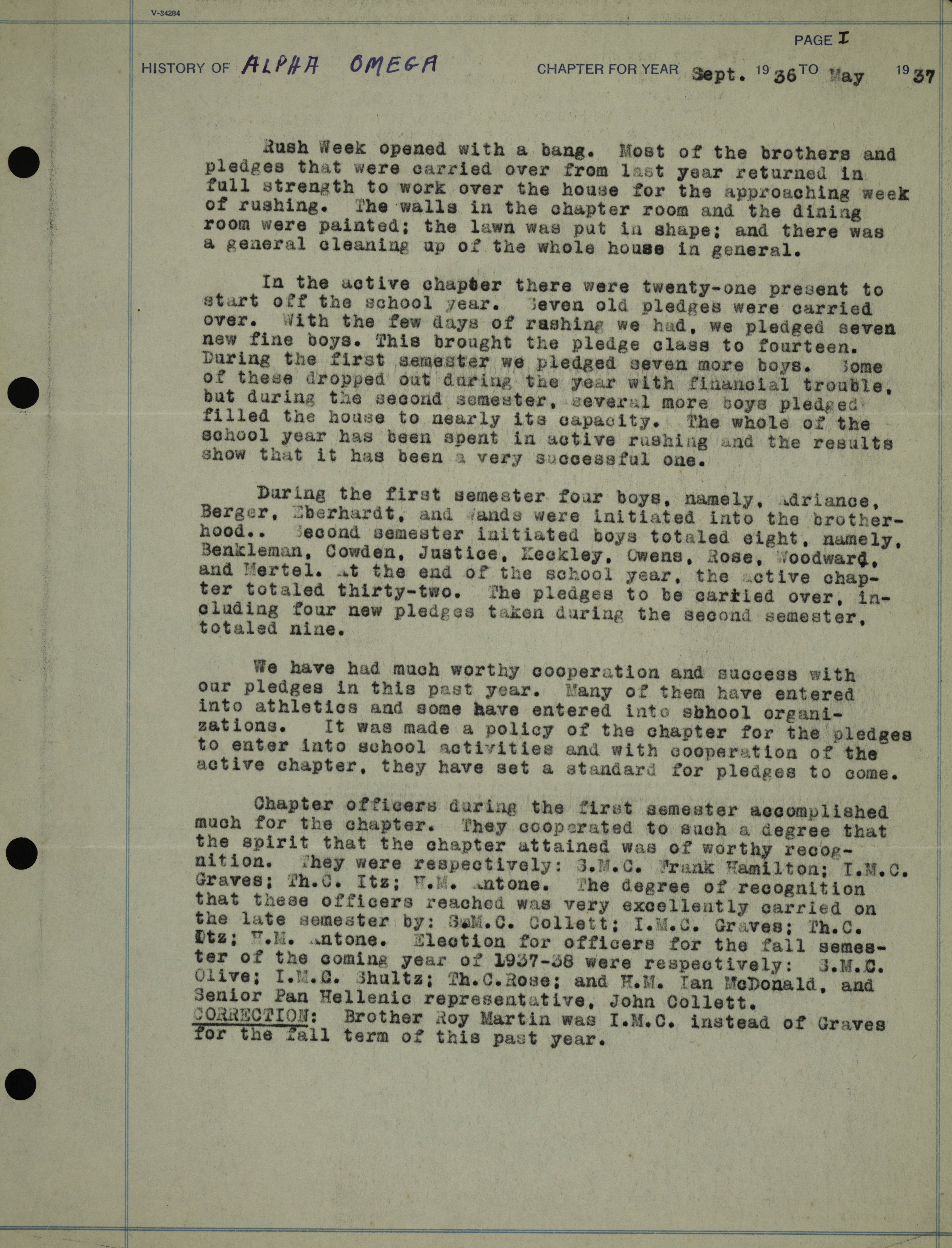 History of Alpha Omega Chapter, September 1936-May 1937