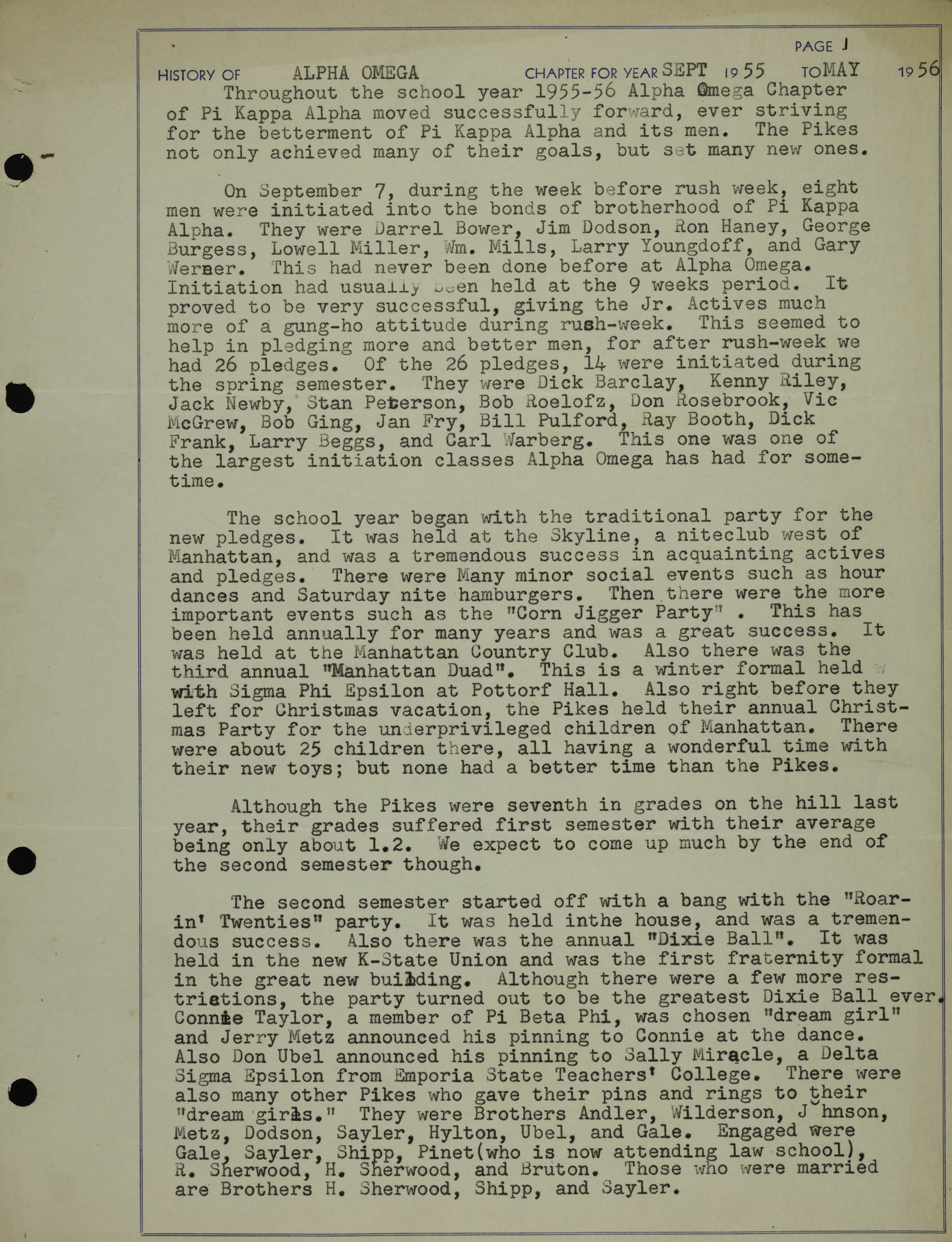 History of Alpha Omega Chapter, September 1955-May 1956