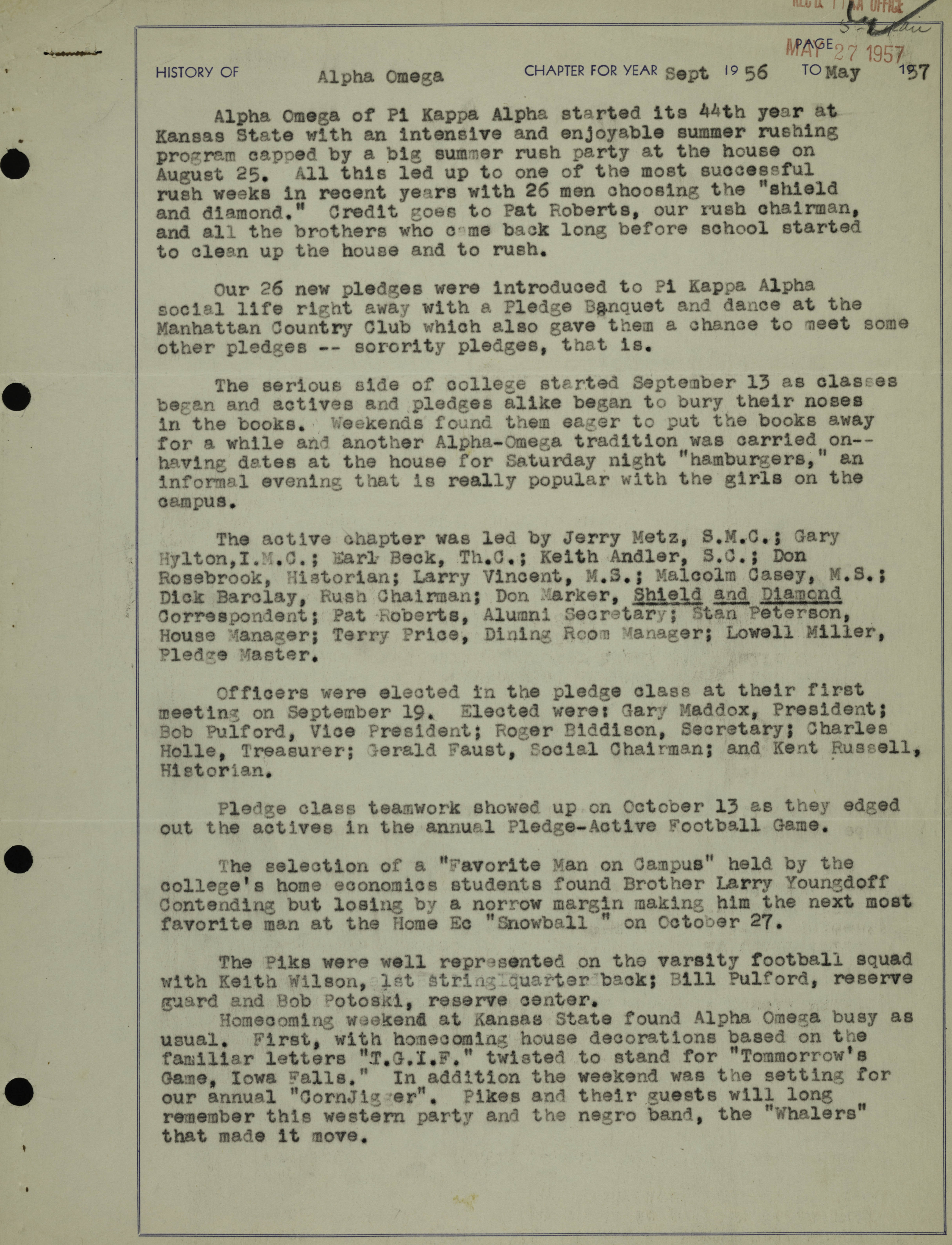 History of Alpha Omega Chapter, September 1956-May 1957