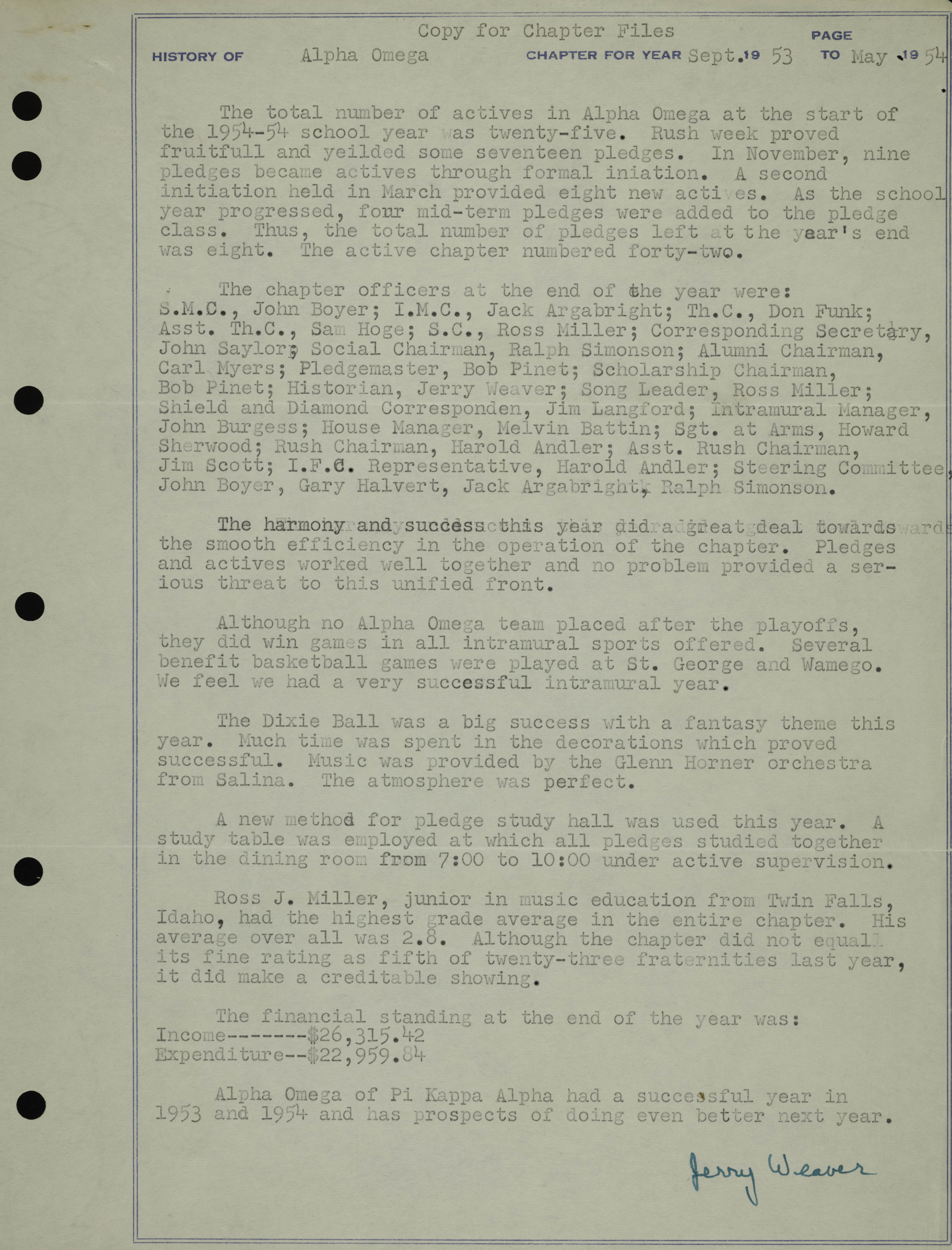 History of Alpha Omega Chapter, September 1953-May 1954