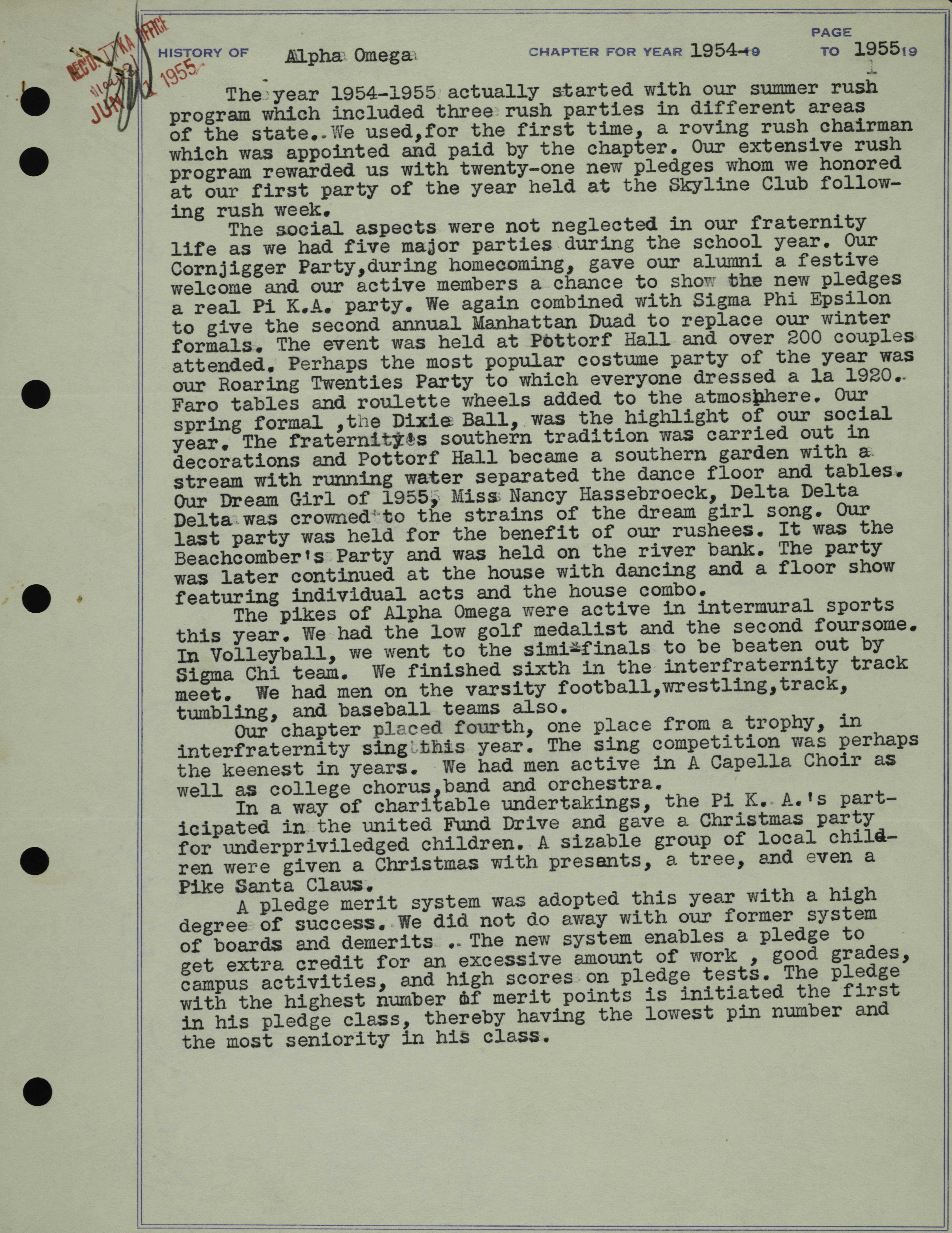 History of Alpha Omega Chapter, September 1953-May 1955