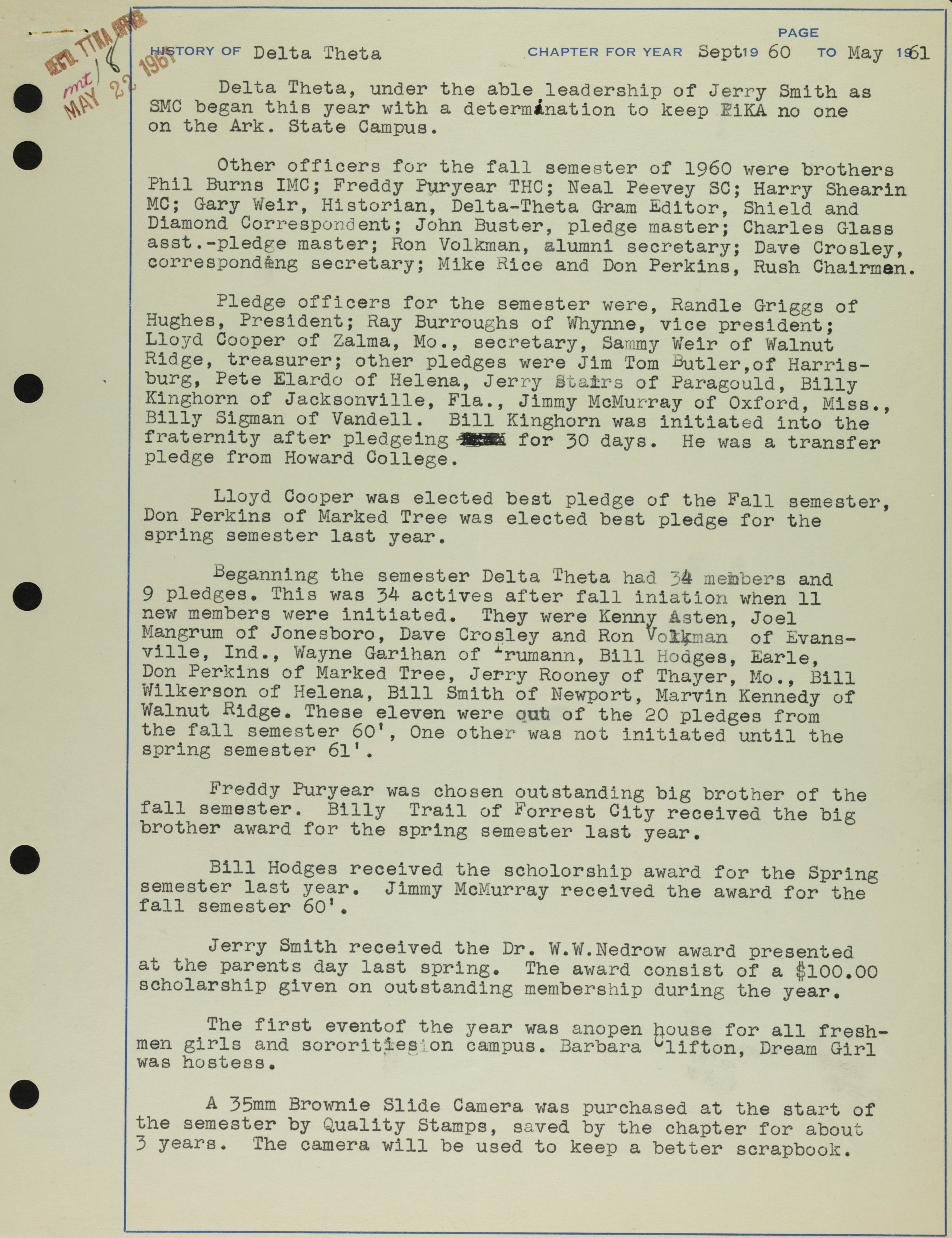 History of Delta Theta Chapter, September 1960-May 1961