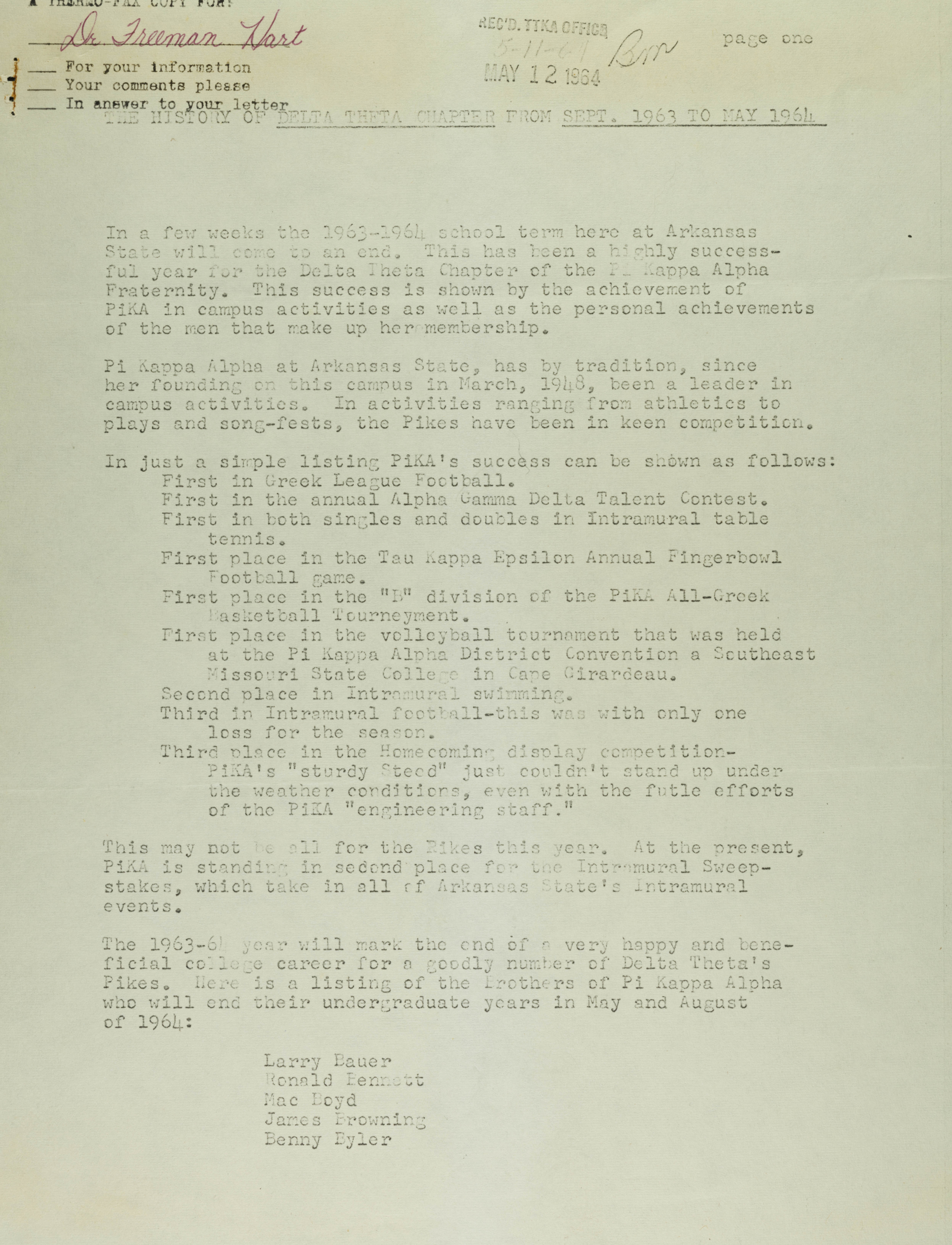 History of Delta Theta Chapter, September 1963-May 1964