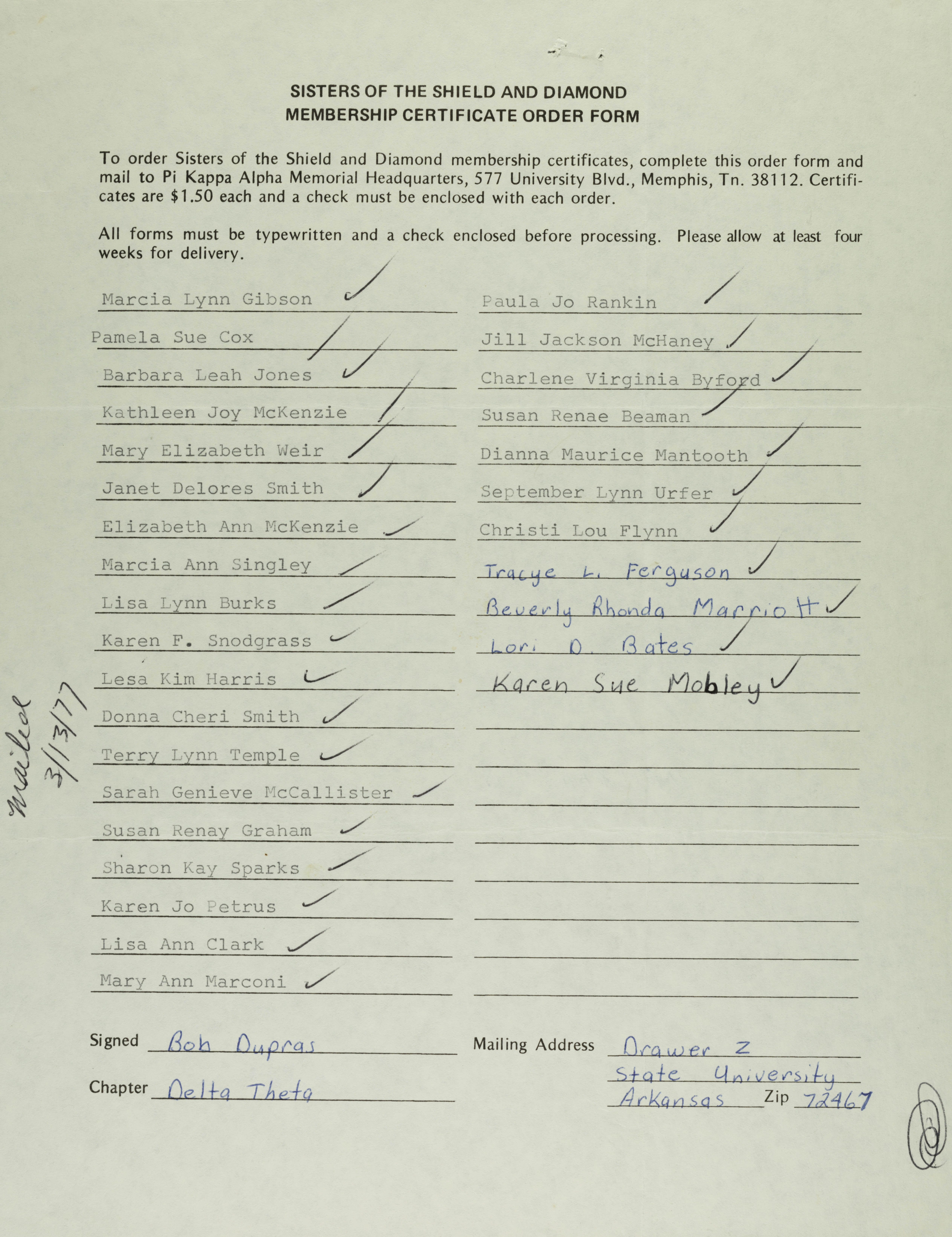 Sisters of The Shield and Diamond Membership Certificate Order Form, March 13, 1977