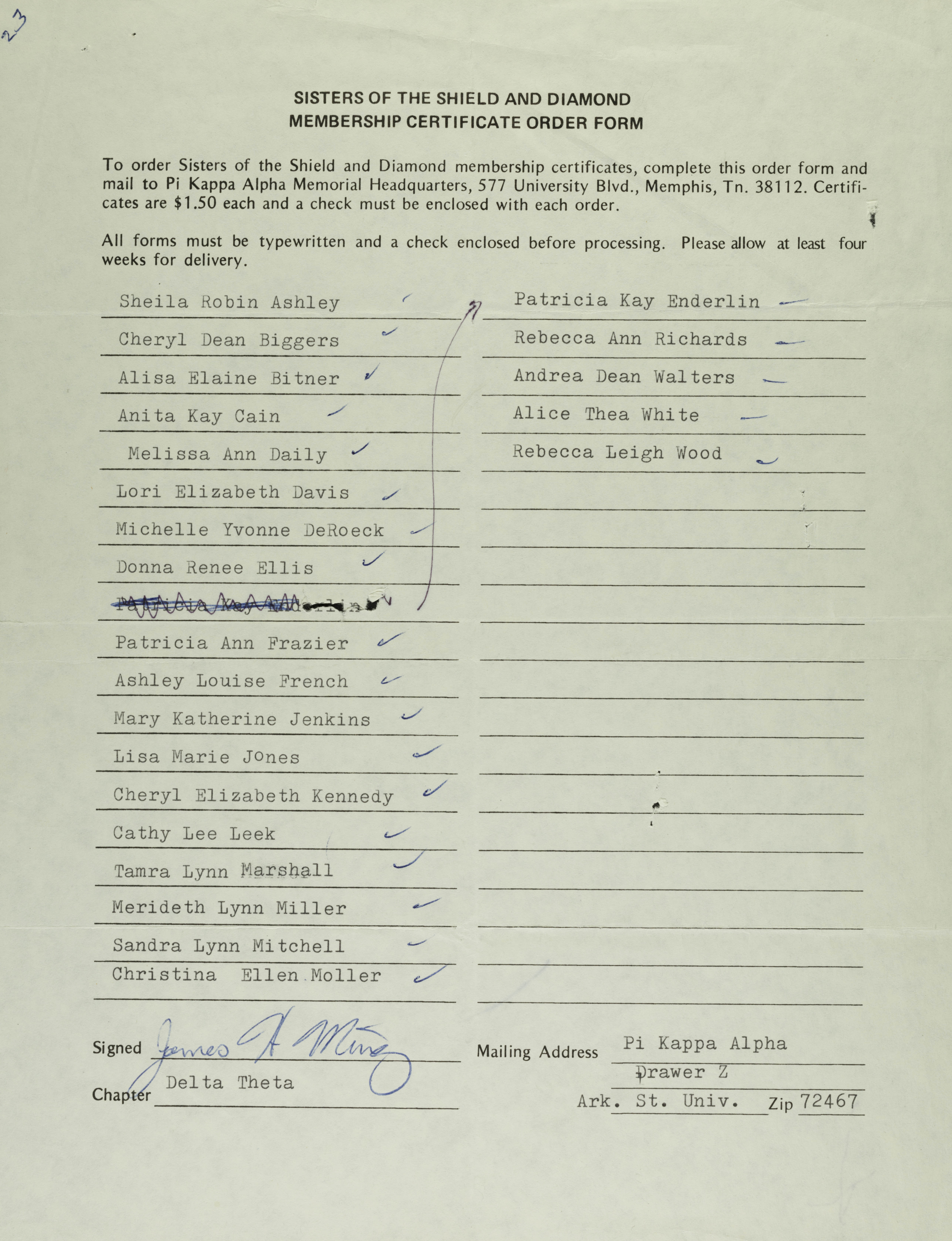 Sisters of The Shield and Diamond Membership Certificate Order Form