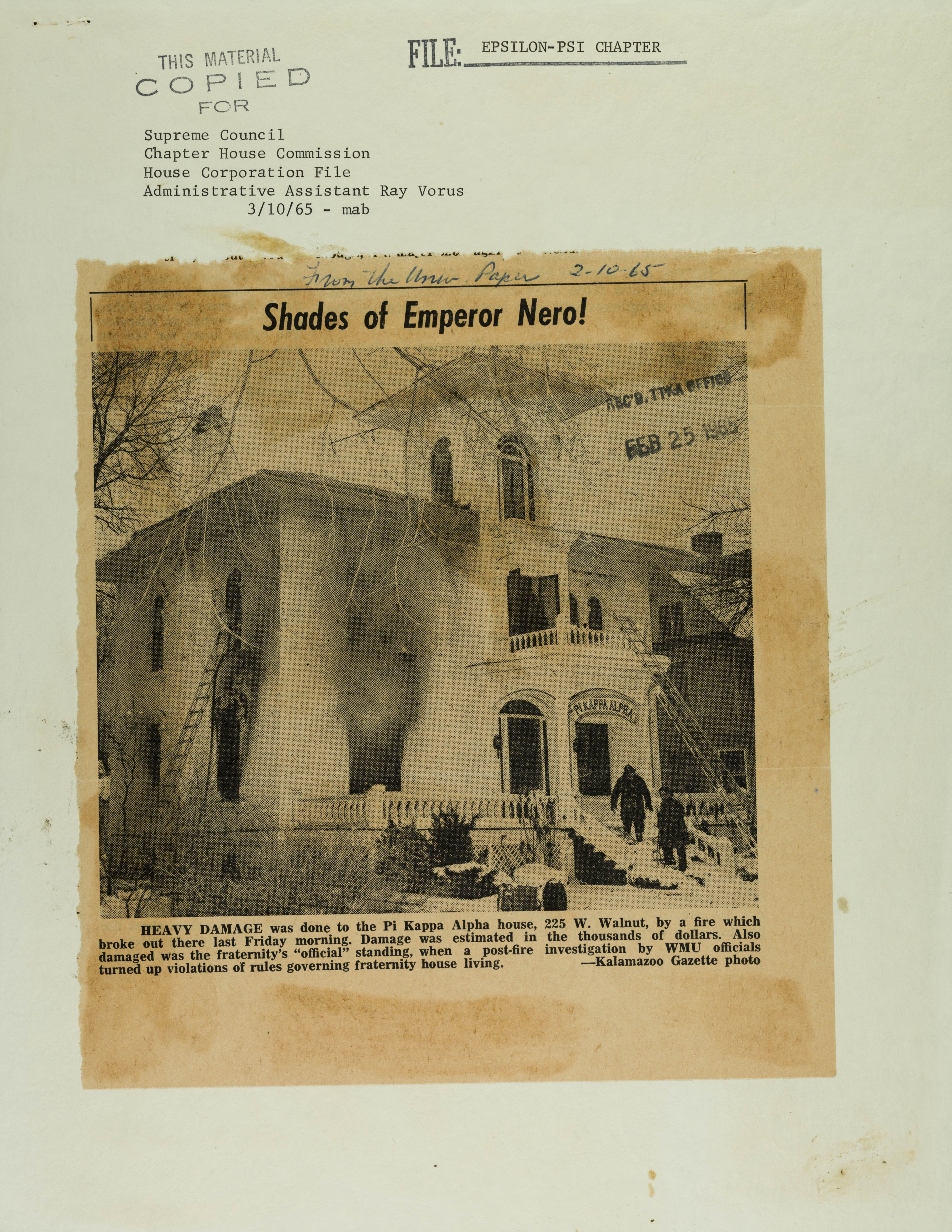 Epsilon Psi Chapter House Fire Newspaper Clippings, February 10, 1965