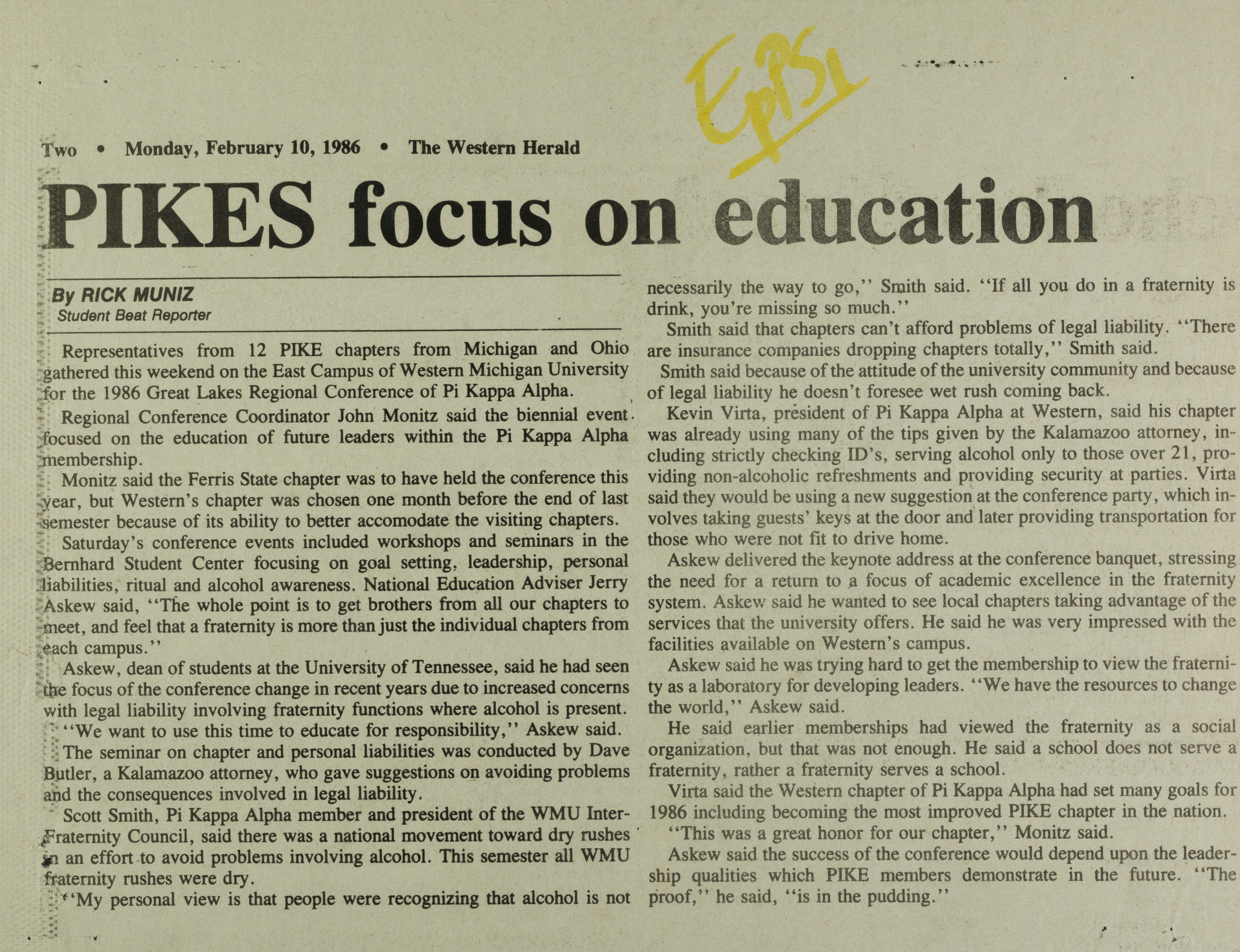 PIKES Focus on Education Newspaper Clipping, February 10, 1986