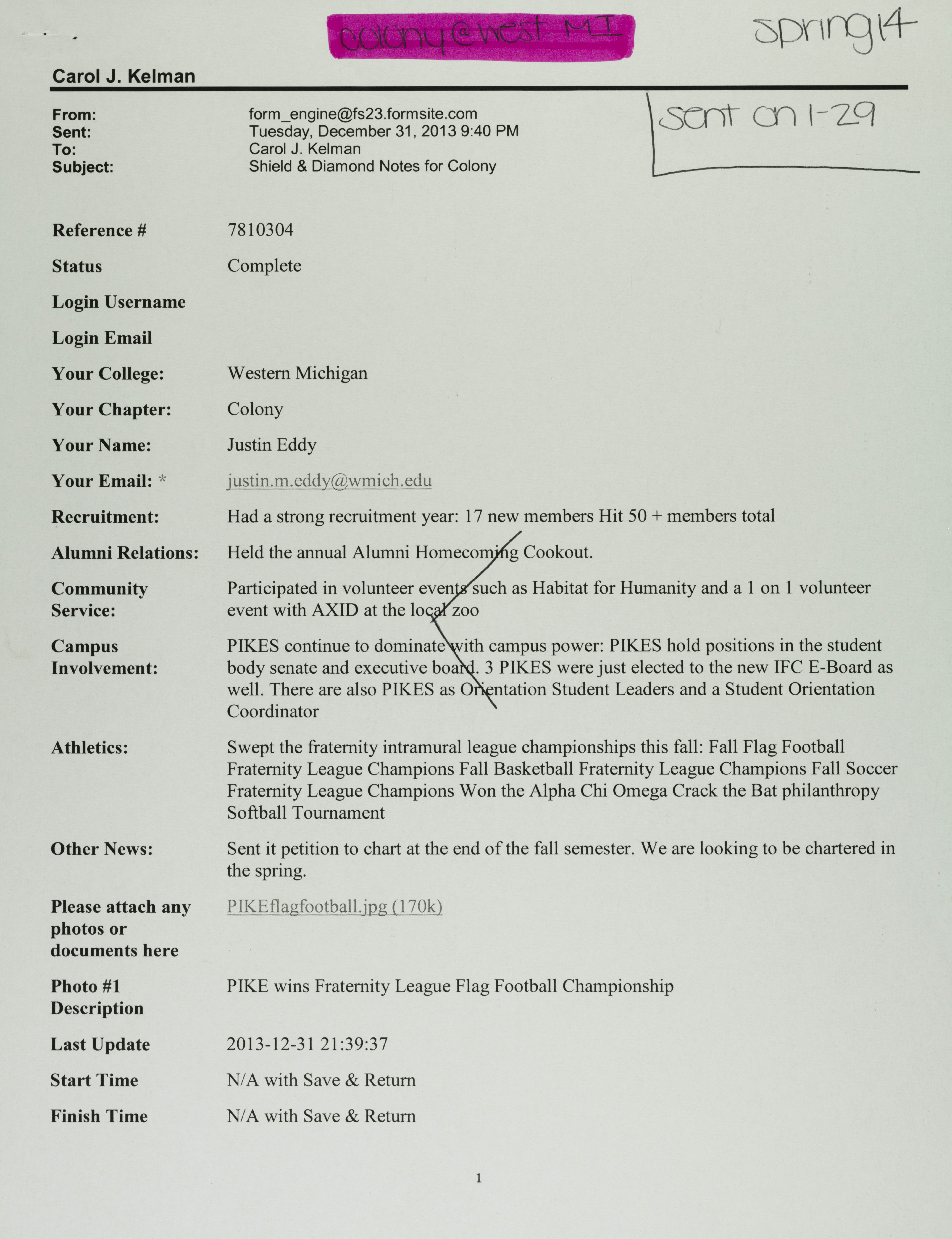 Justin Eddy to Carol Kelman Email, December 31, 2013