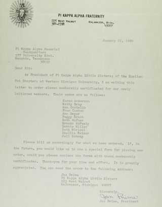 Jan Prime to Pi Kappa Alpha Memorial Headquarters Letter, January 22, 1980