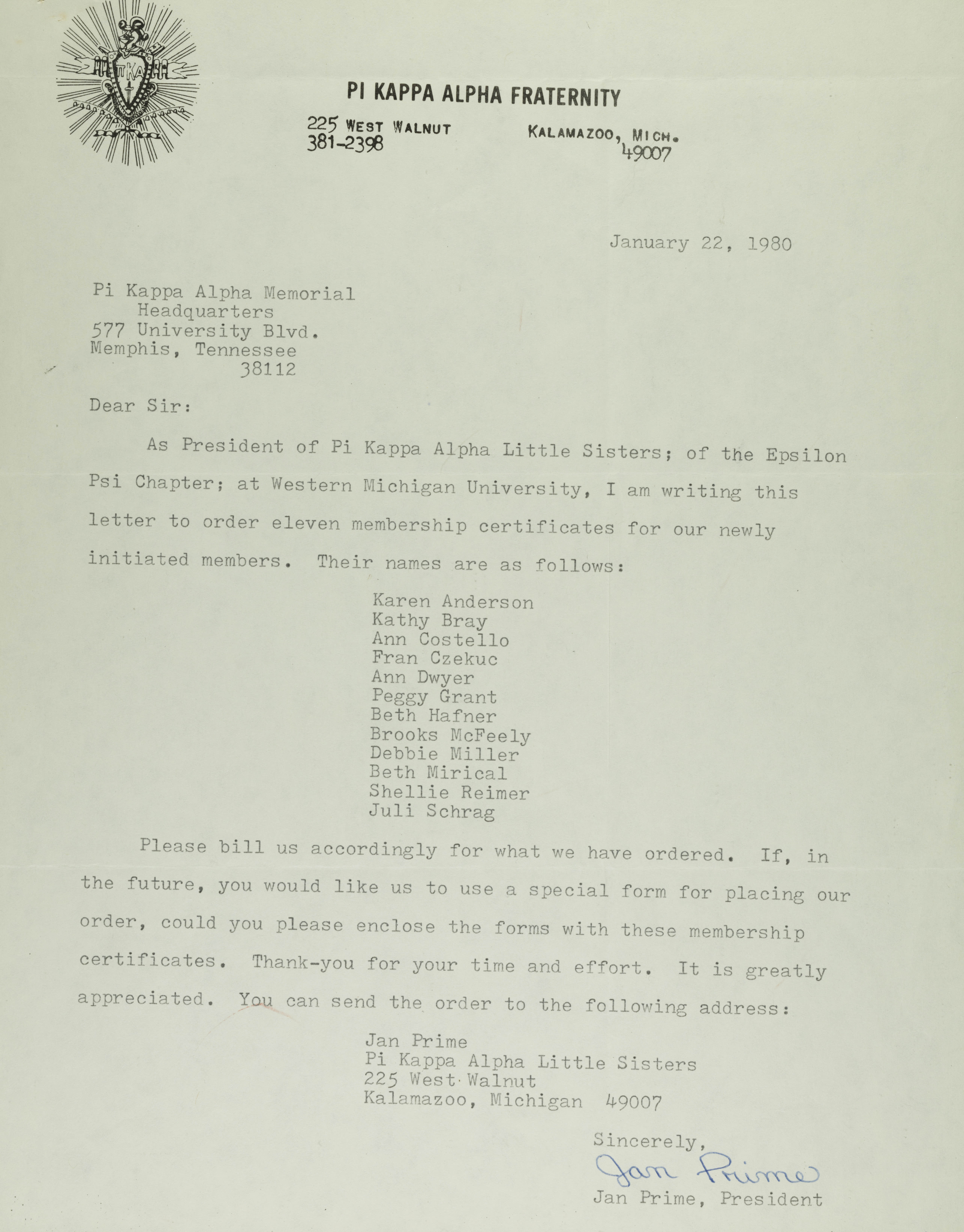 Jan Prime to Pi Kappa Alpha Memorial Headquarters Letter, January 22, 1980