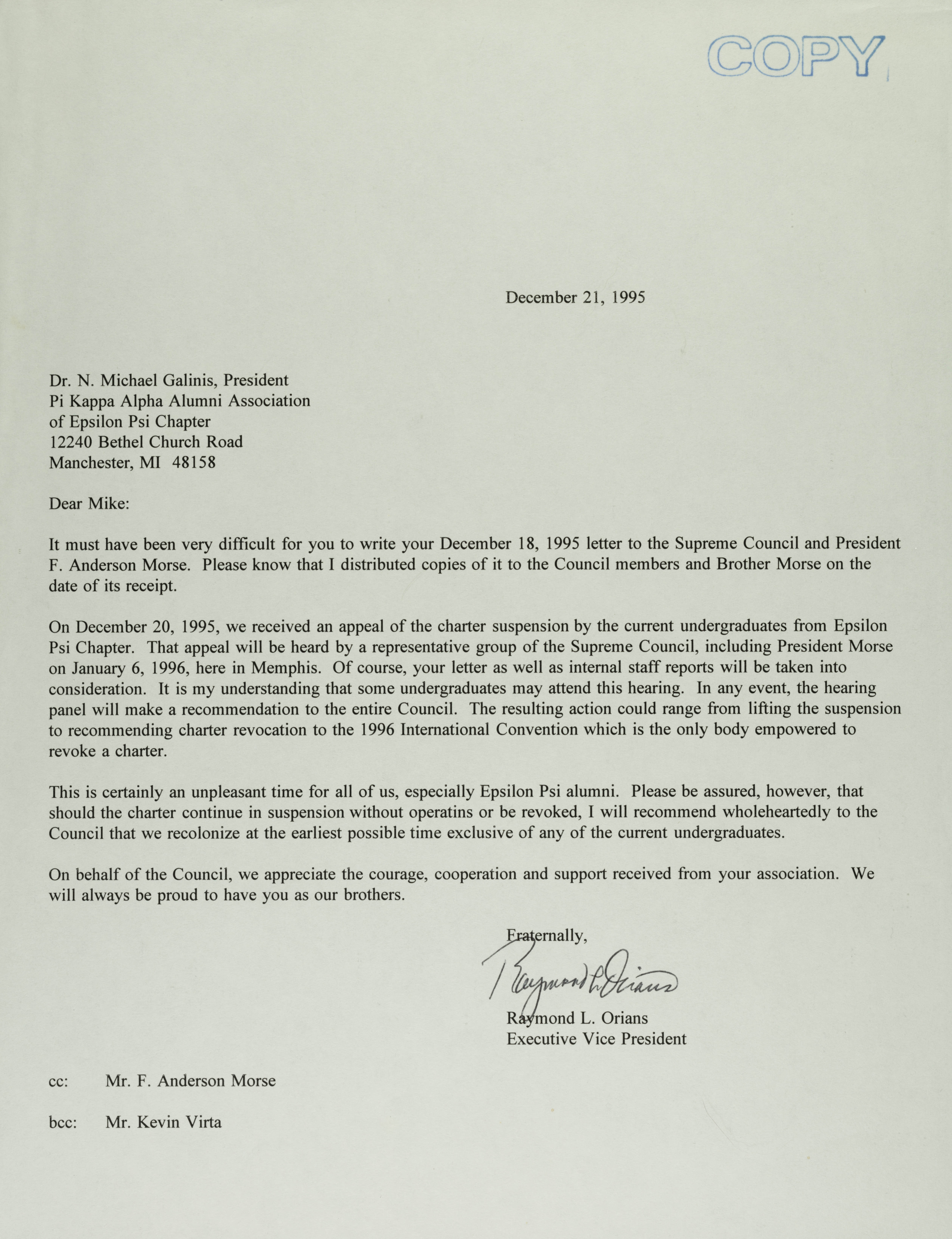 Raymond Orians to Michael Galinis Letter, December 21, 1995