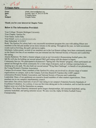 Justin Eddy to Pi Kappa Alpha Fraternity Email, April 14, 2013