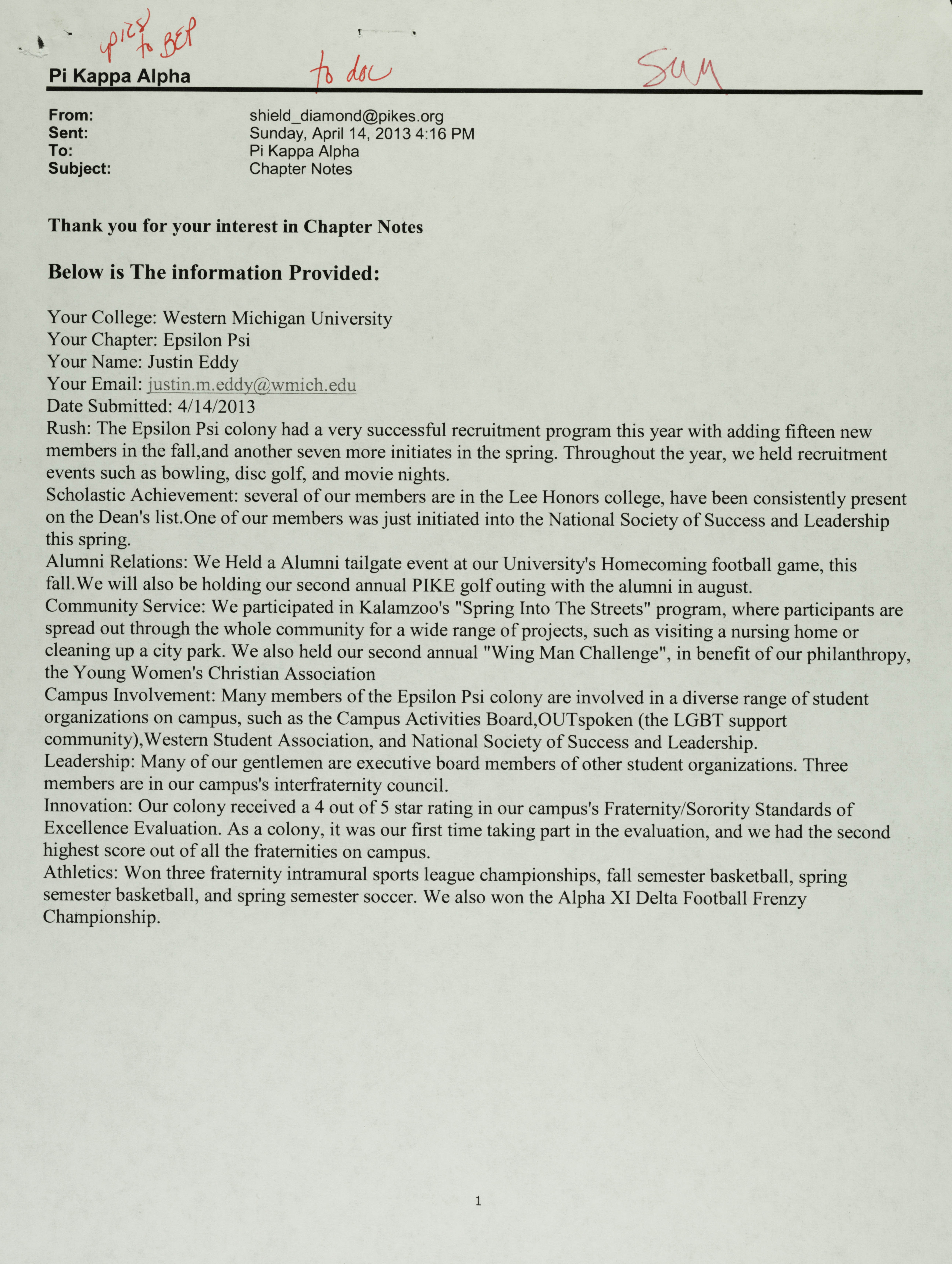 Justin Eddy to Pi Kappa Alpha Fraternity Email, April 14, 2013