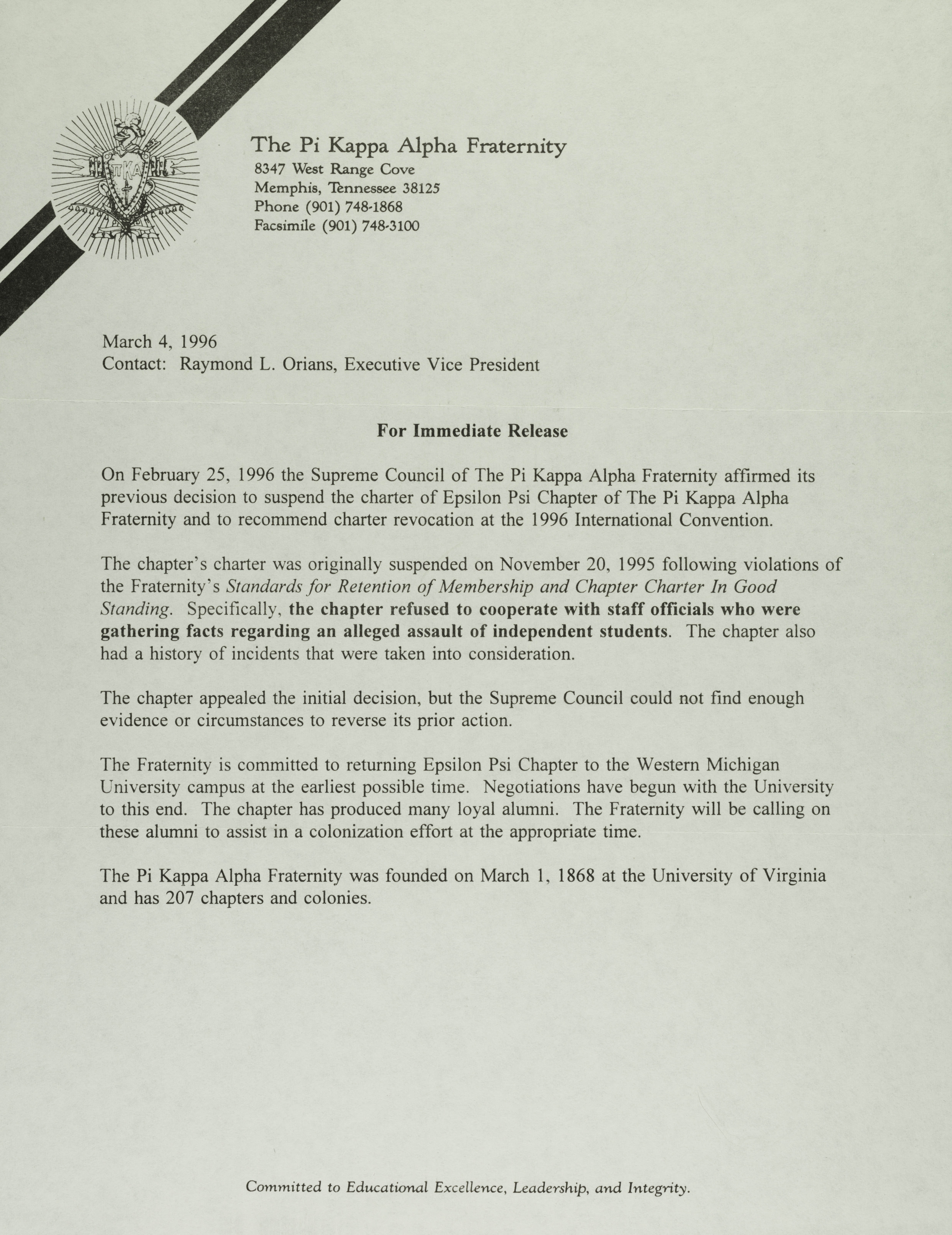 For Immediate Release Bulletin Letter, March 4, 1996