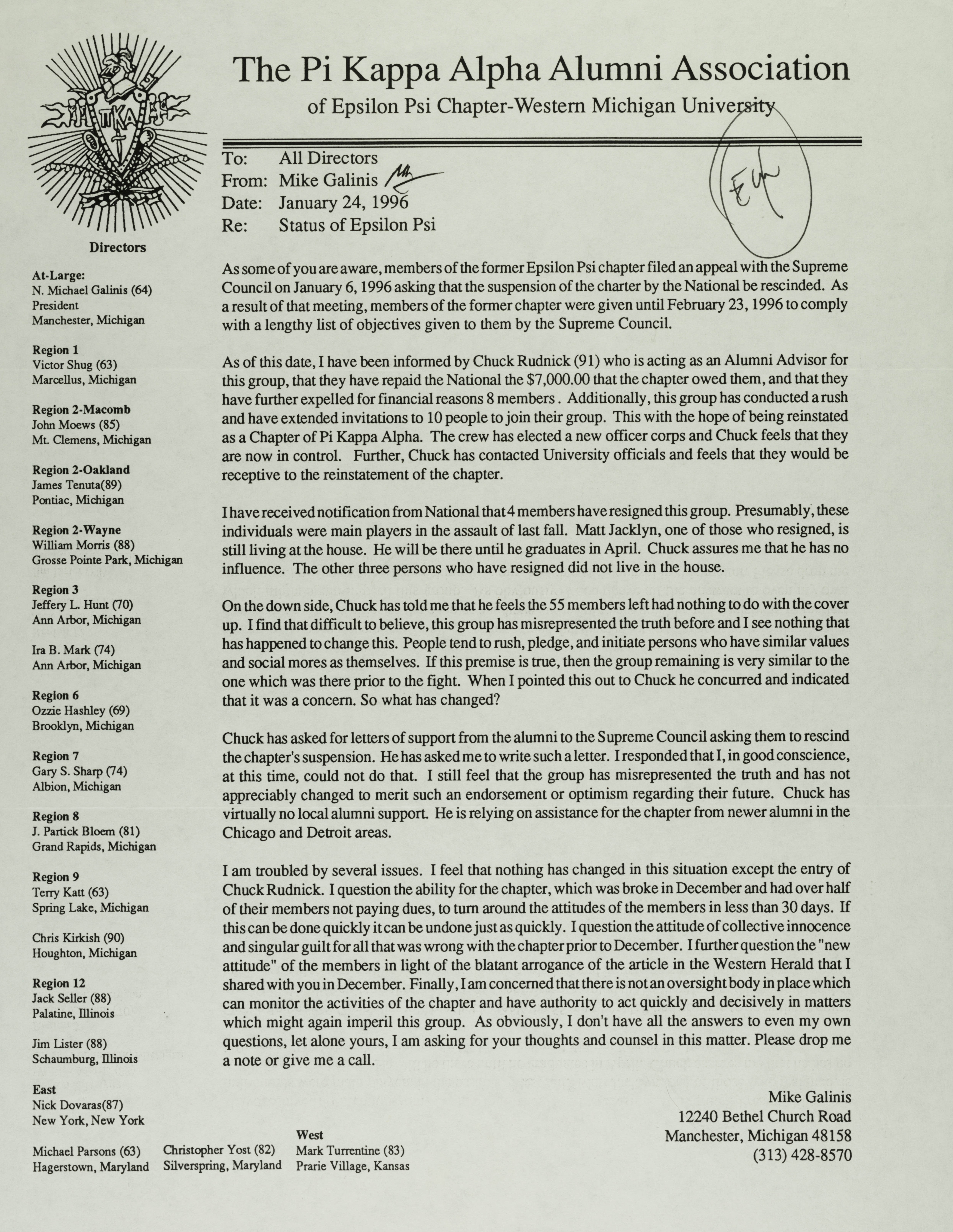 Mike Galinis to All Directors Letter, January 24, 1996