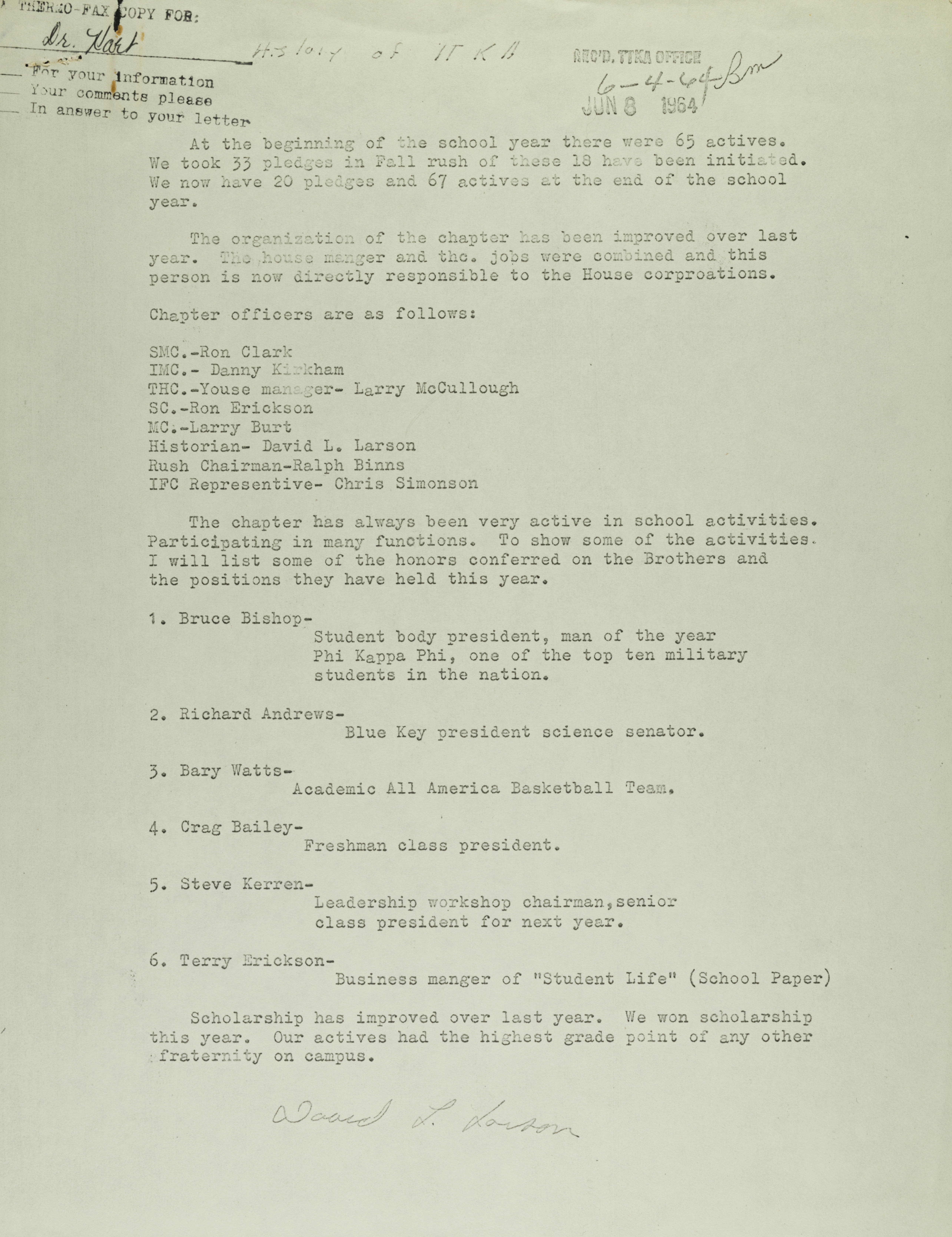 Epsilon Psi Chapter History, June 4, 1964