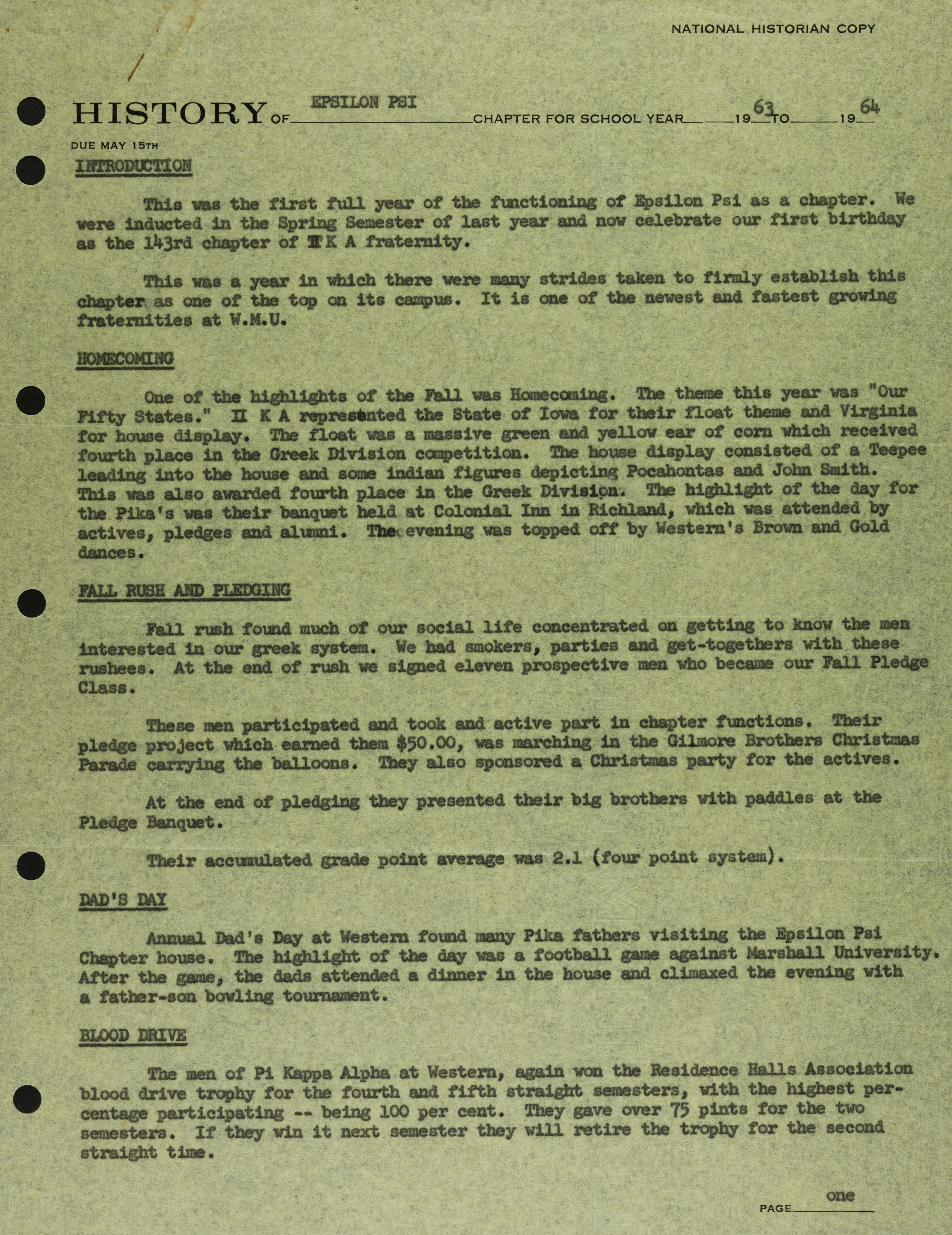 History of Epsilon Psi Chapter, 1963-1964