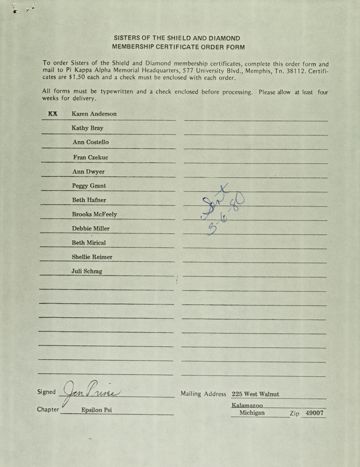 Sisters of the Shield and Diamond Membership Certificate Order Form, March 6, 1980