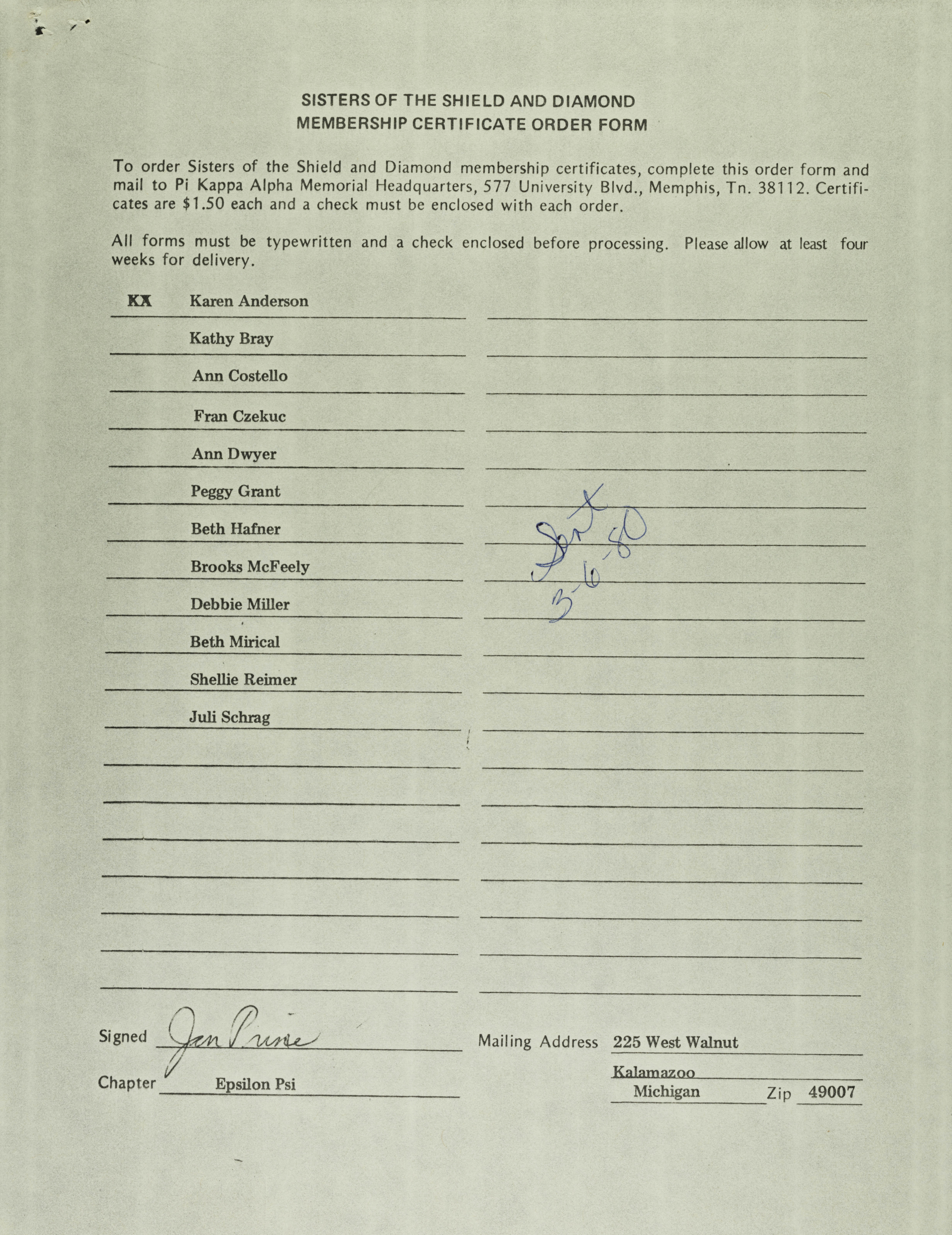 Sisters of the Shield and Diamond Membership Certificate Order Form, March 6, 1980