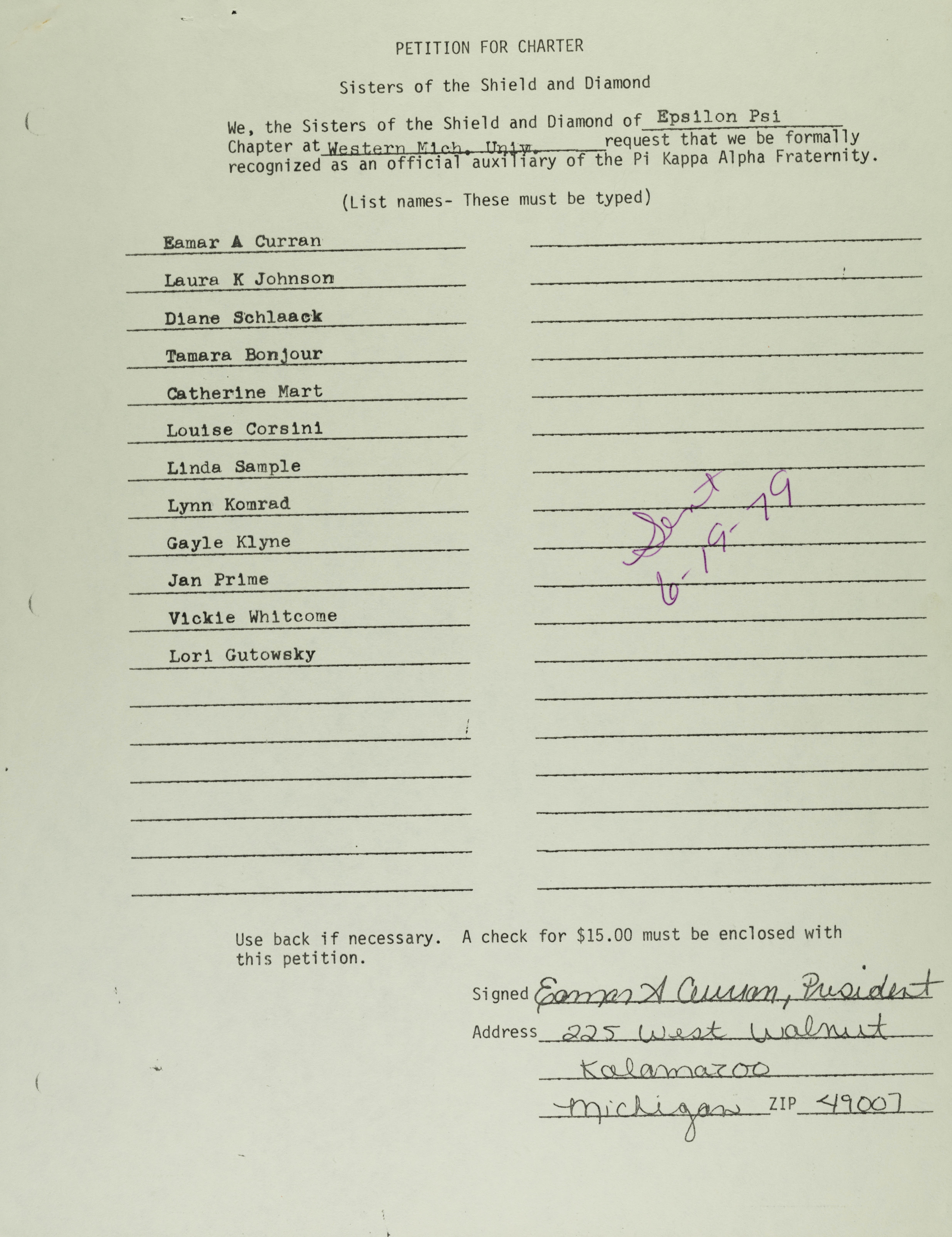 Sisters of the Shield and Diamond Petition for Charter, June 19, 1979