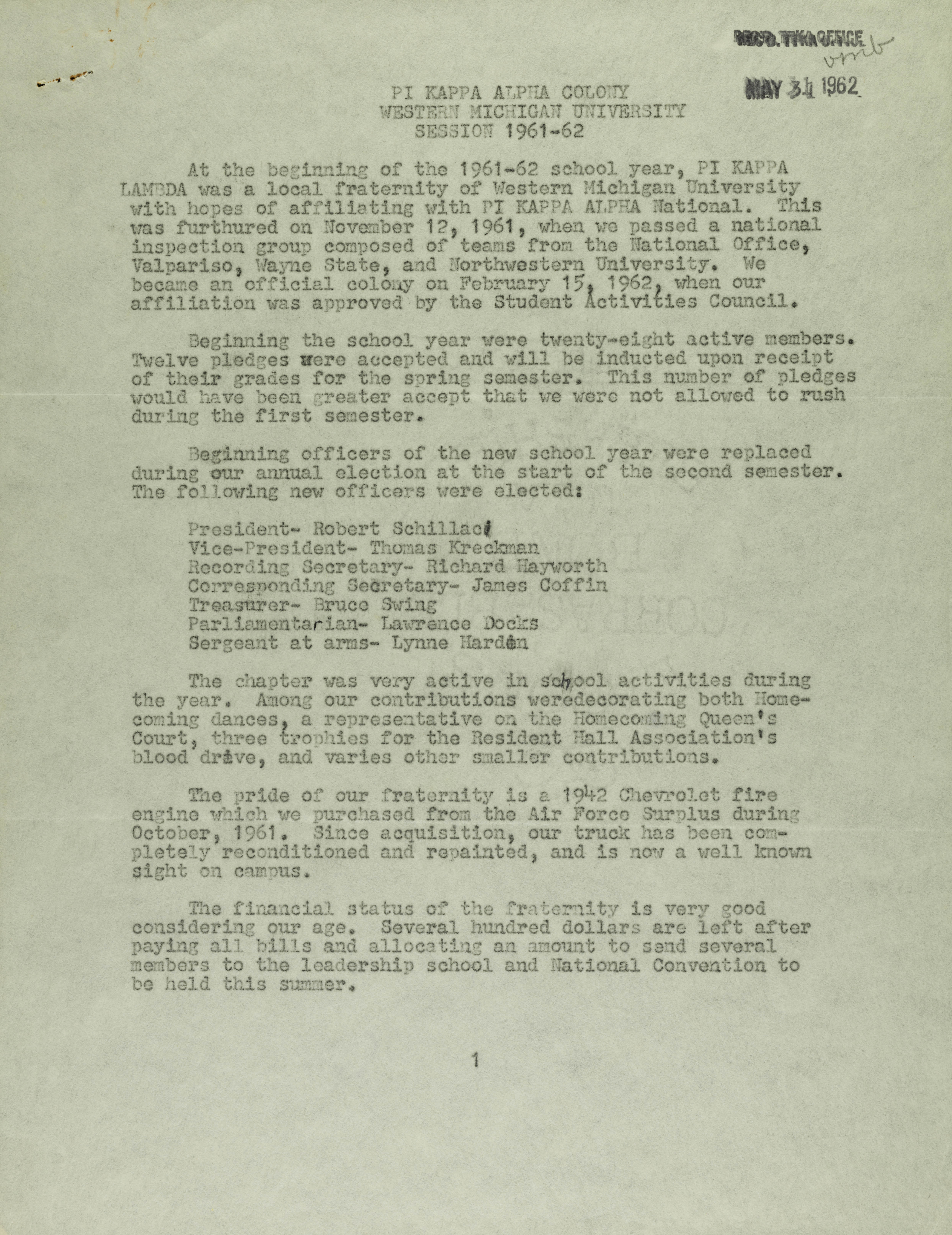 Pi Kappa Alpha Colony, Western Michigan University, Session 1961-1962