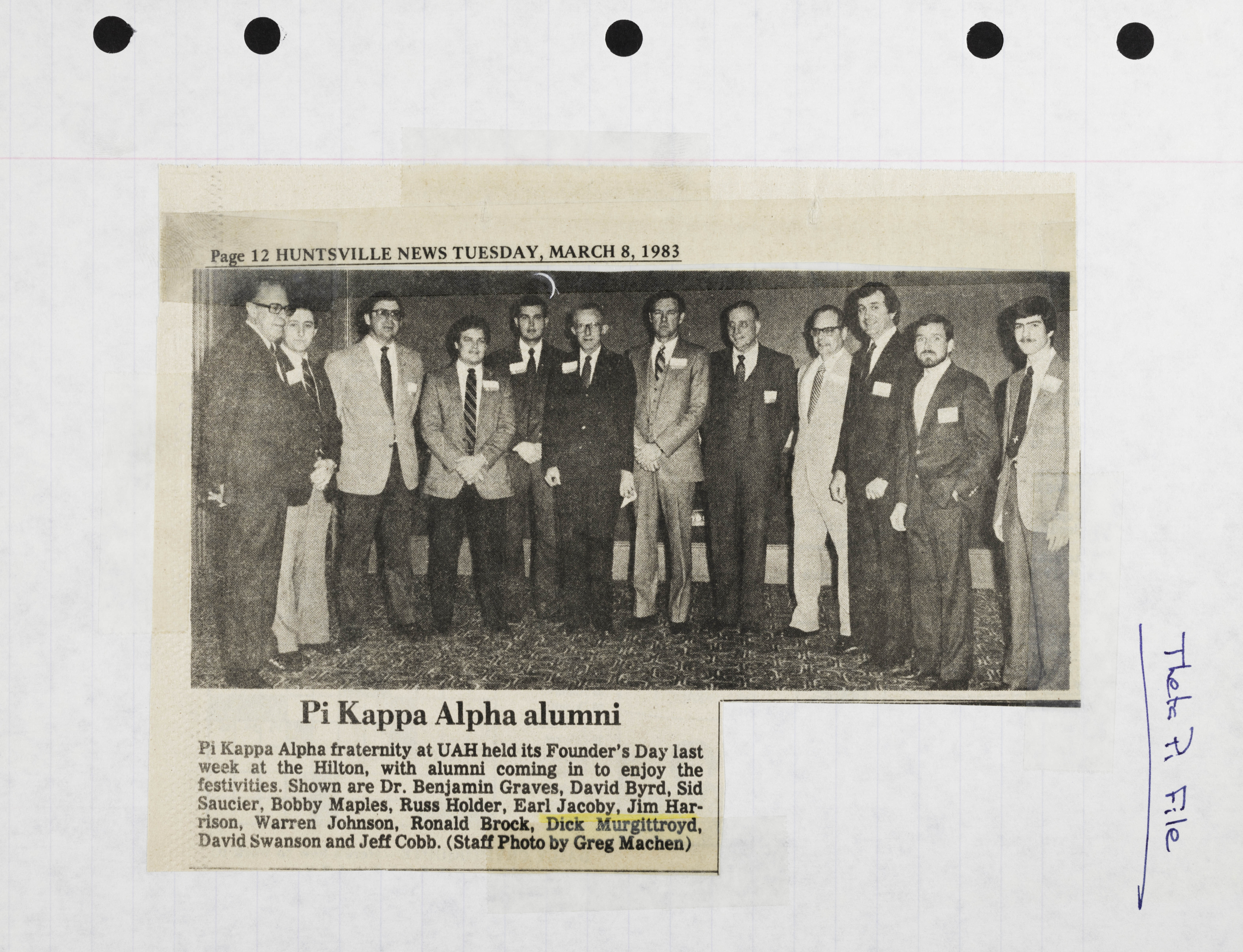 Pi Kappa Alpha Alumni Newspaper Clipping, March 8, 1983
