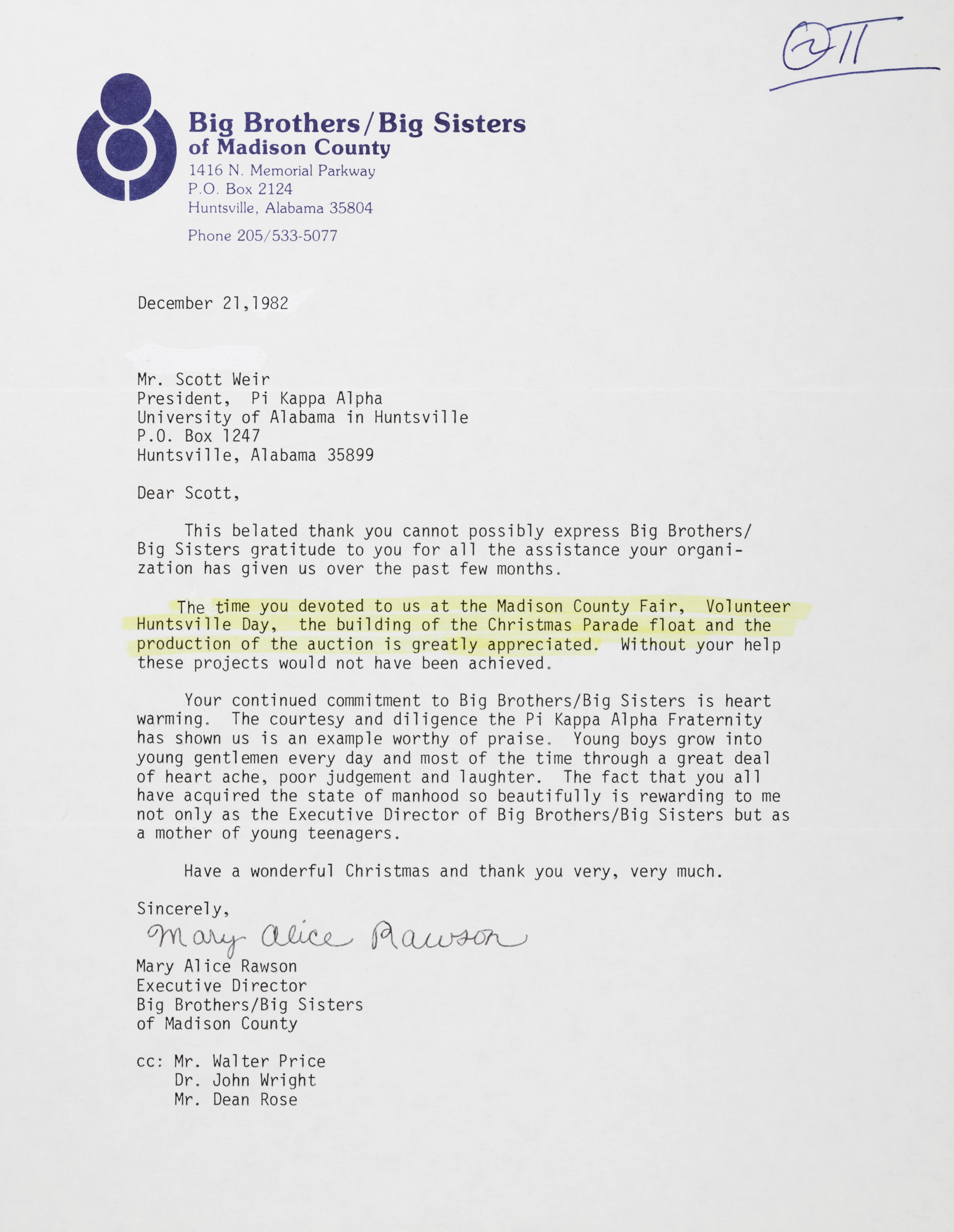 Mary Rawson to Scott Weir Letter, December 21, 1982