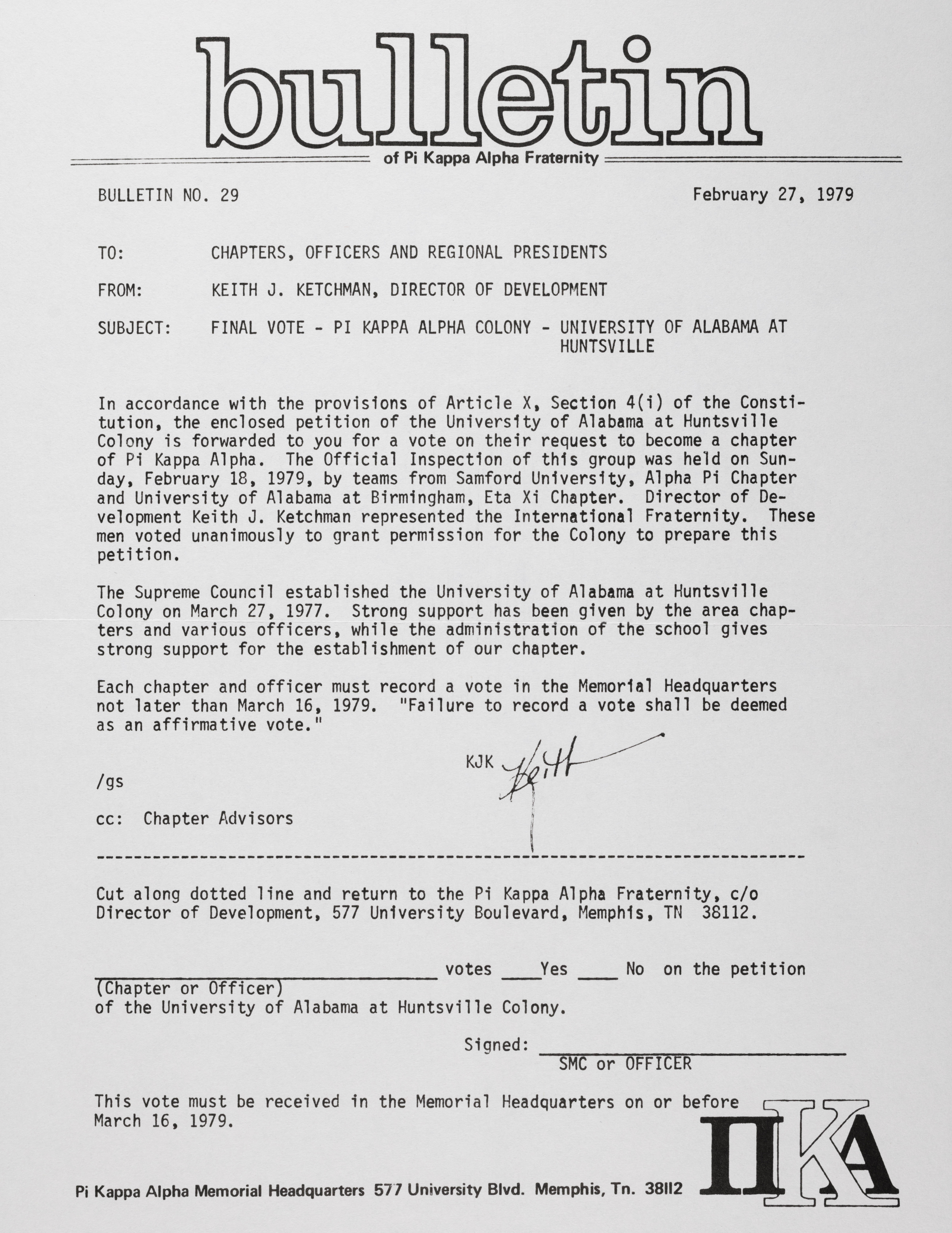 Keith Ketchman to Chapters, Officers and Regional Presidents Bulletin, February 27, 1979