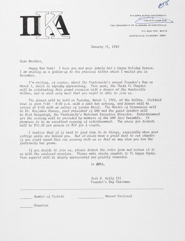 Josh Kelly to Dear Brothers Letter, January 15, 1983
