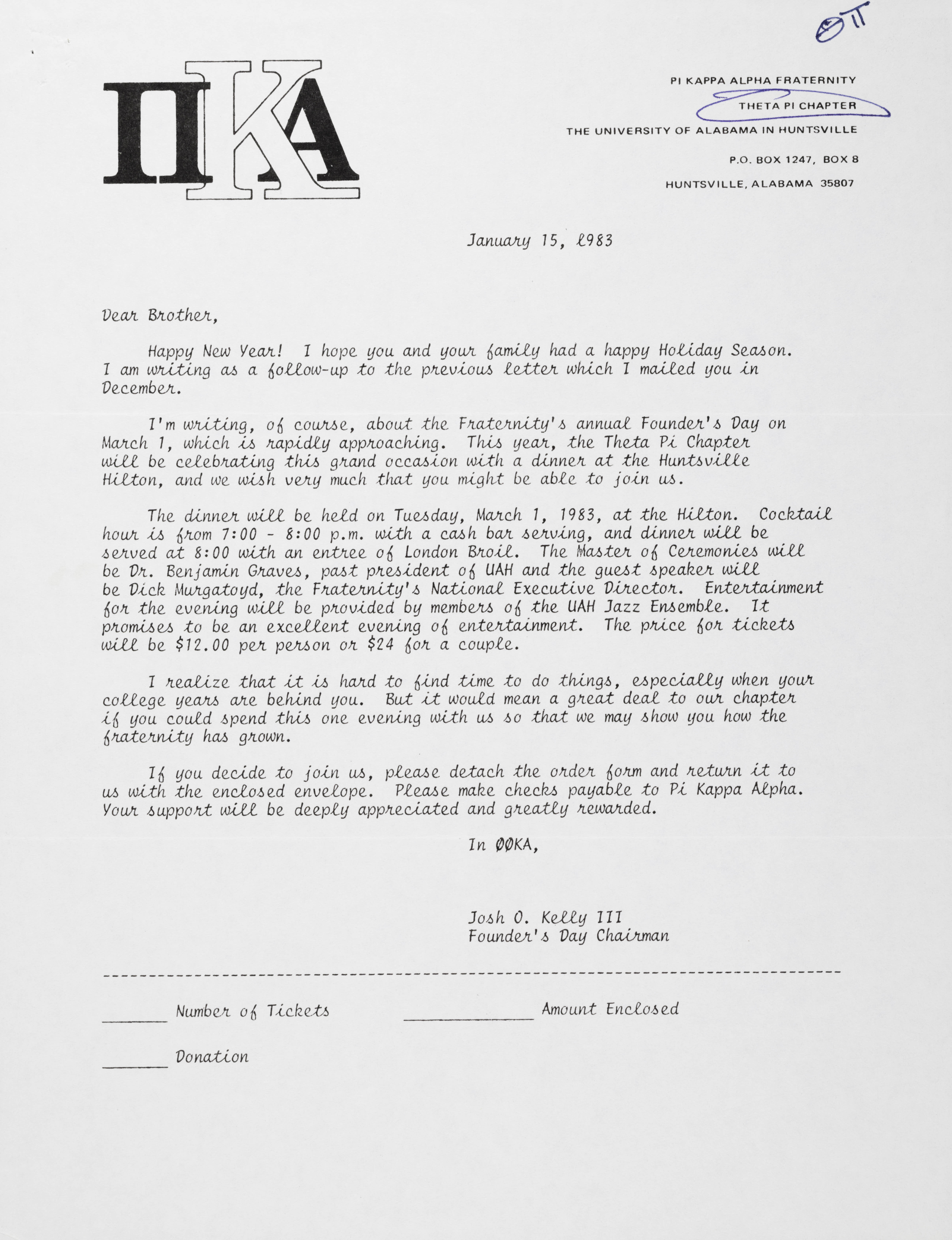 Josh Kelly to Dear Brothers Letter, January 15, 1983