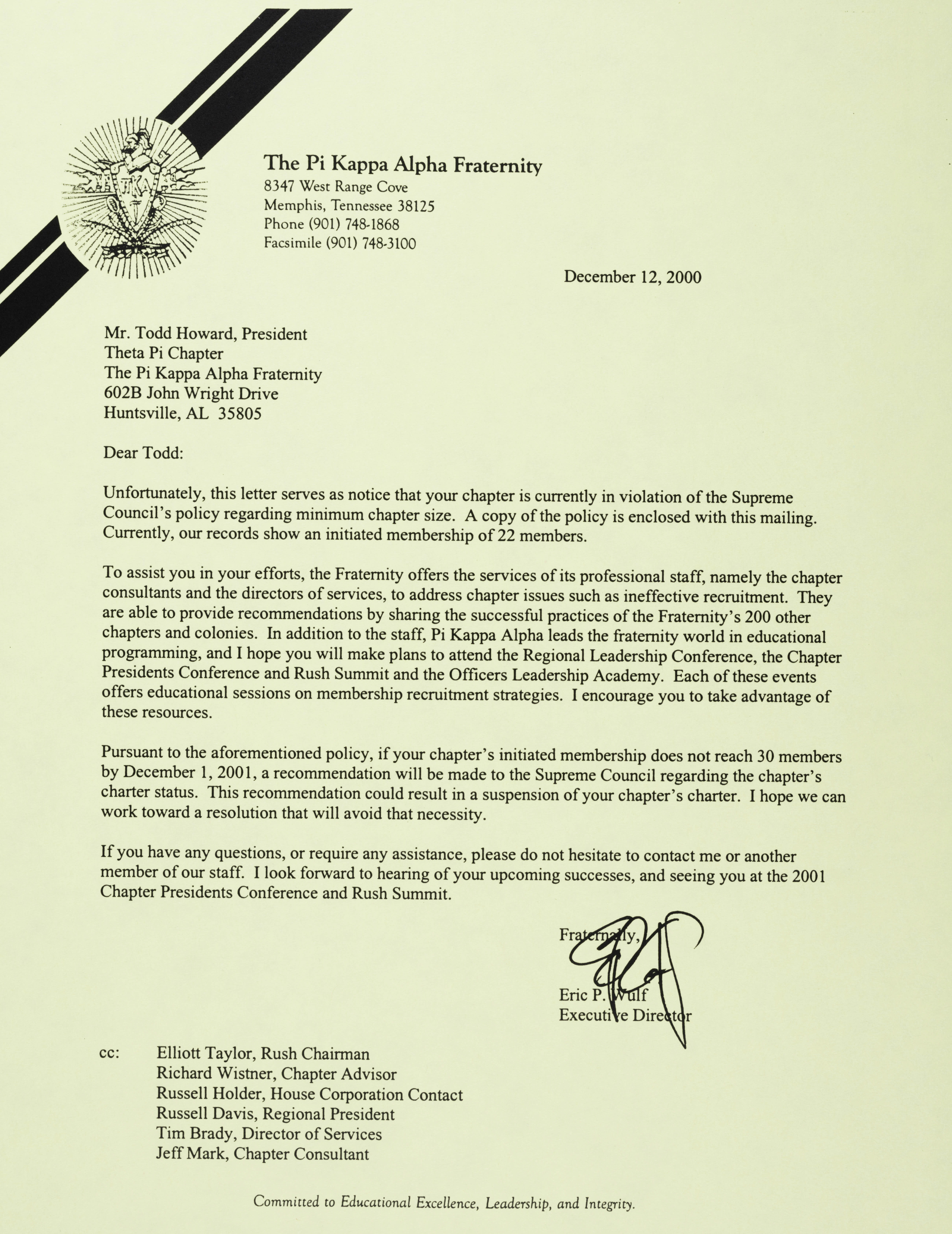 Eric Wulf to Todd Howard Letter, December 12, 2000