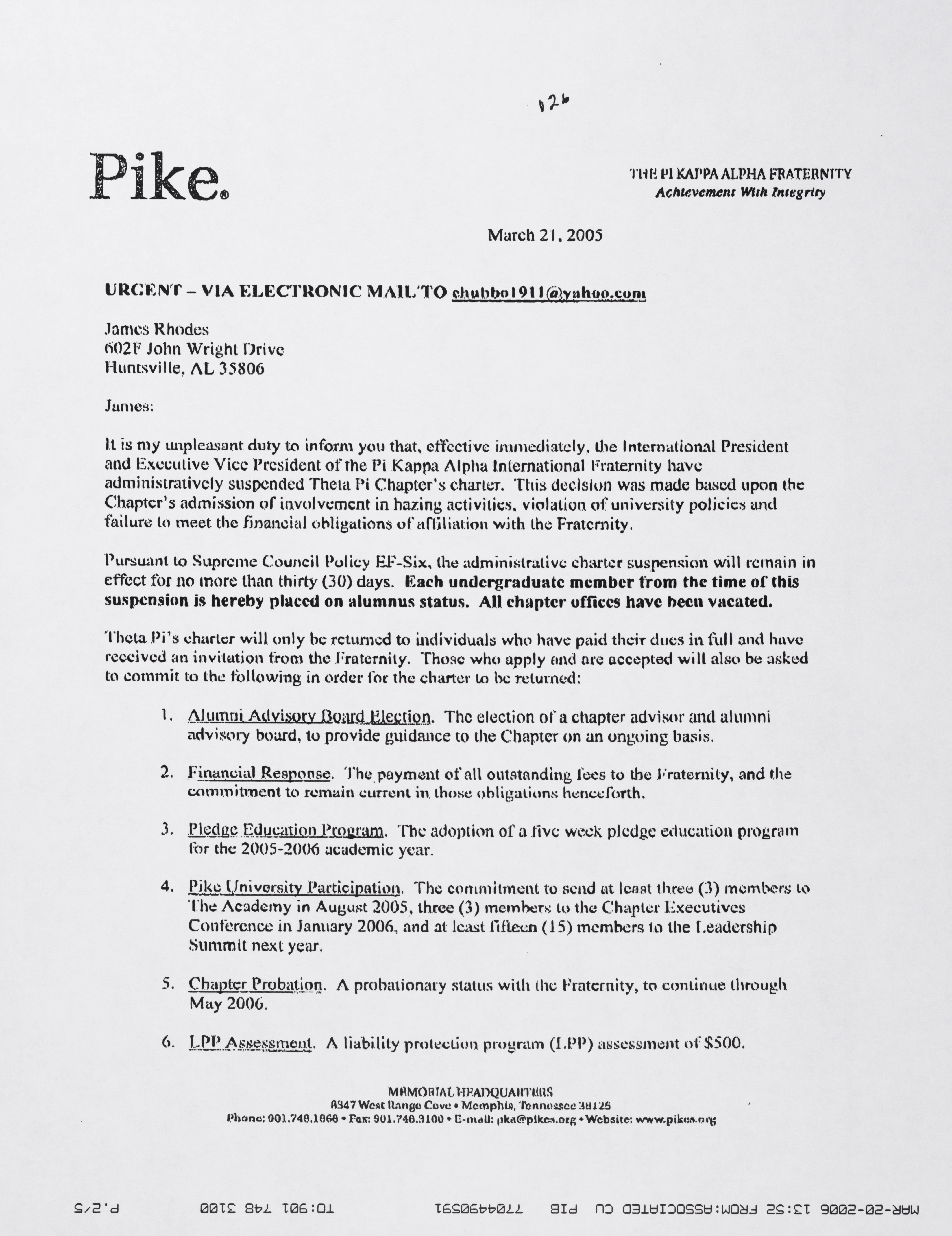 Eric Wulf to James Rhodes Email, March 21, 2005