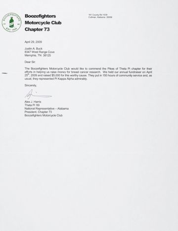 Alex Harris to Justin Buck Letter, April 29, 2009