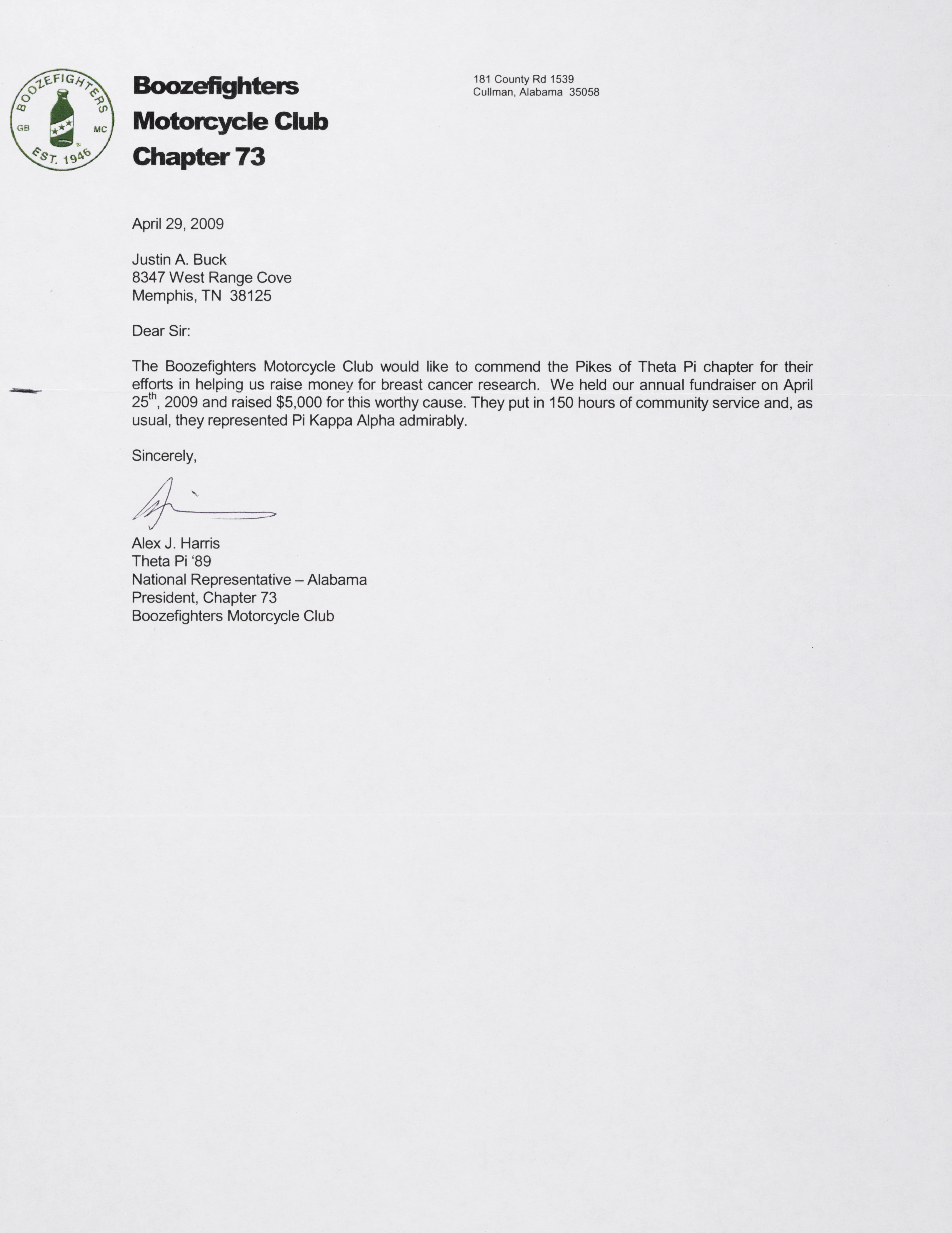 Alex Harris to Justin Buck Letter, April 29, 2009