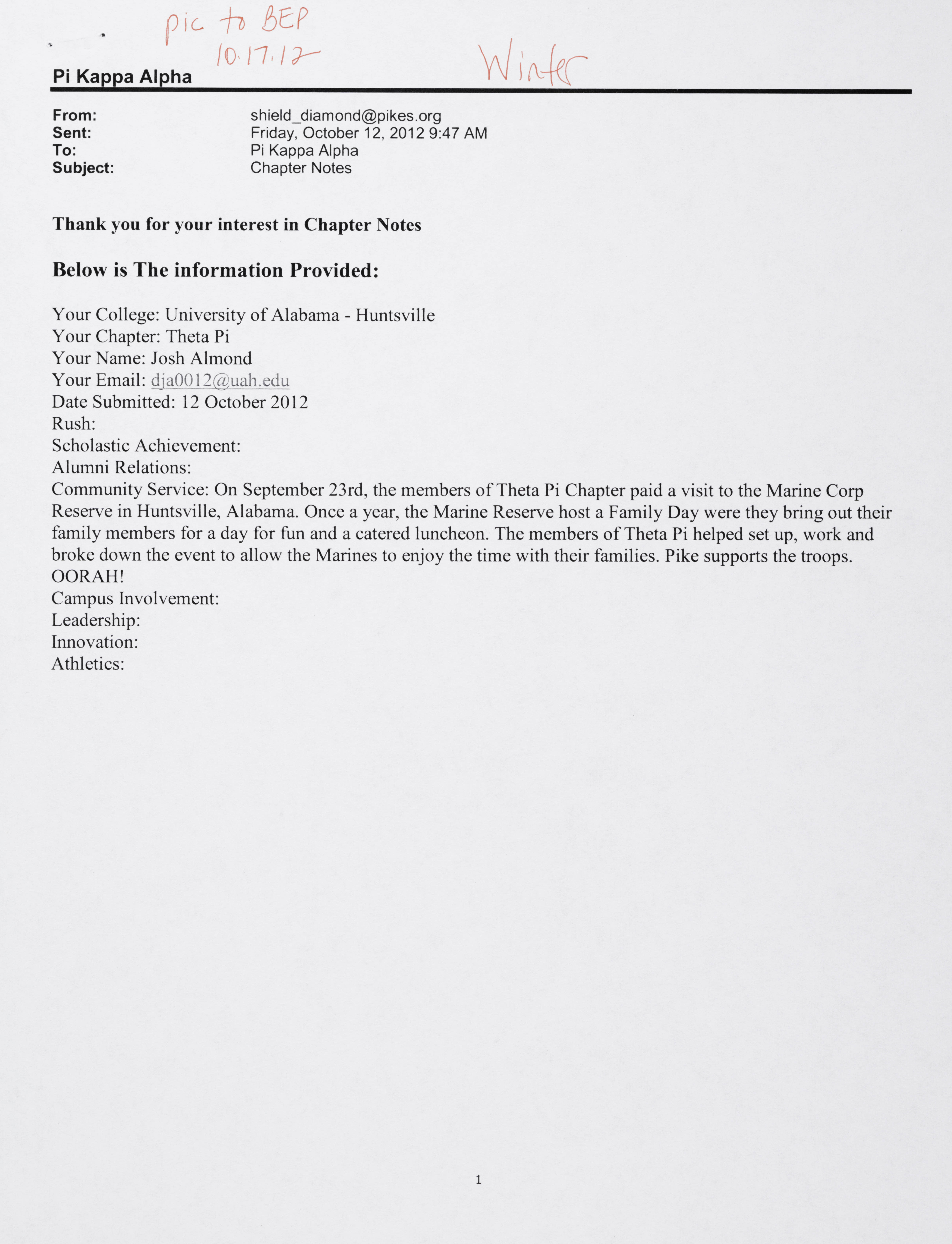 Josh Almond to Shield and Diamond Email, October 12, 2012