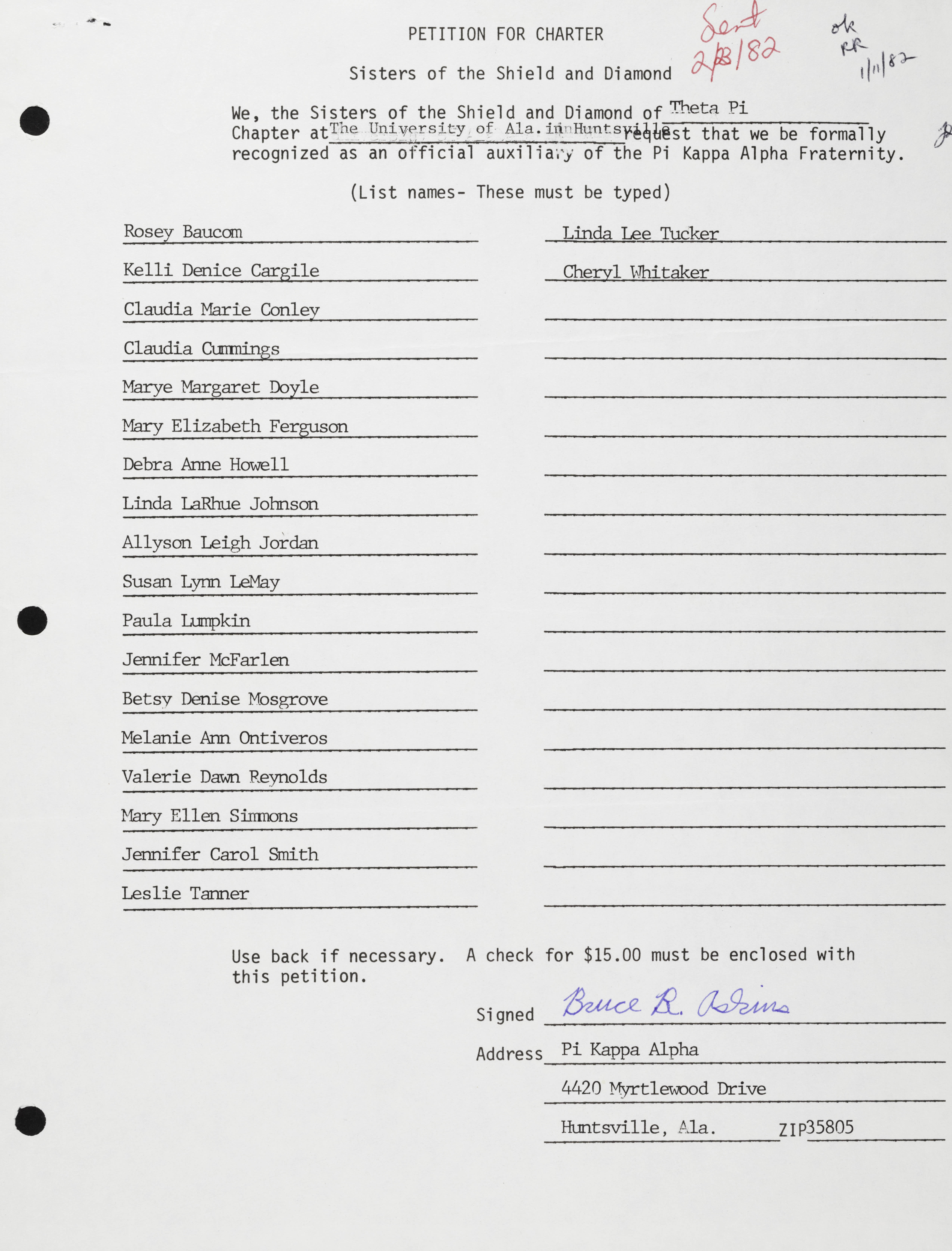 Petition for Charter: Sisters of the Shield and Diamond, January 11, 1982