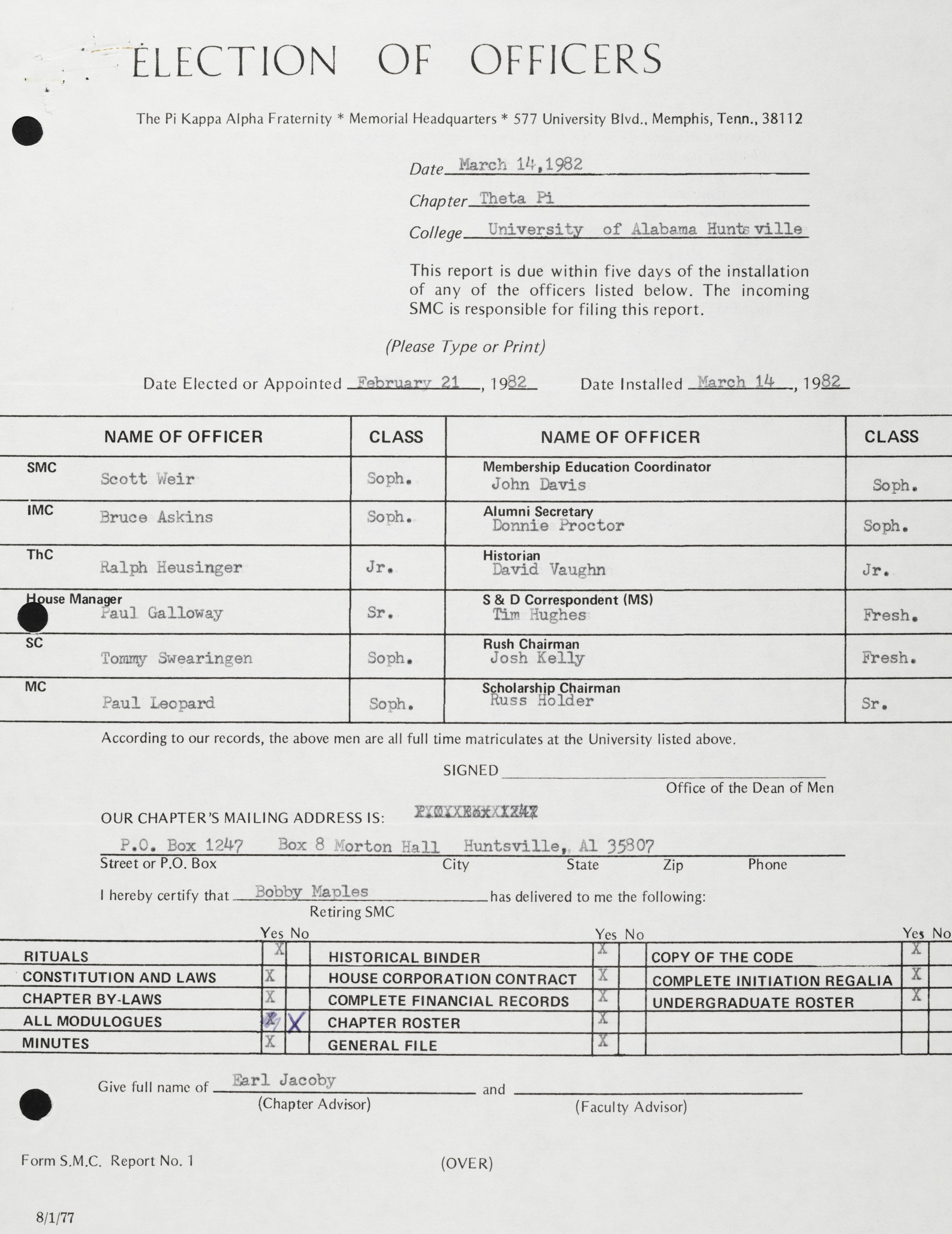 Election of Officers Report, March 16, 1982
