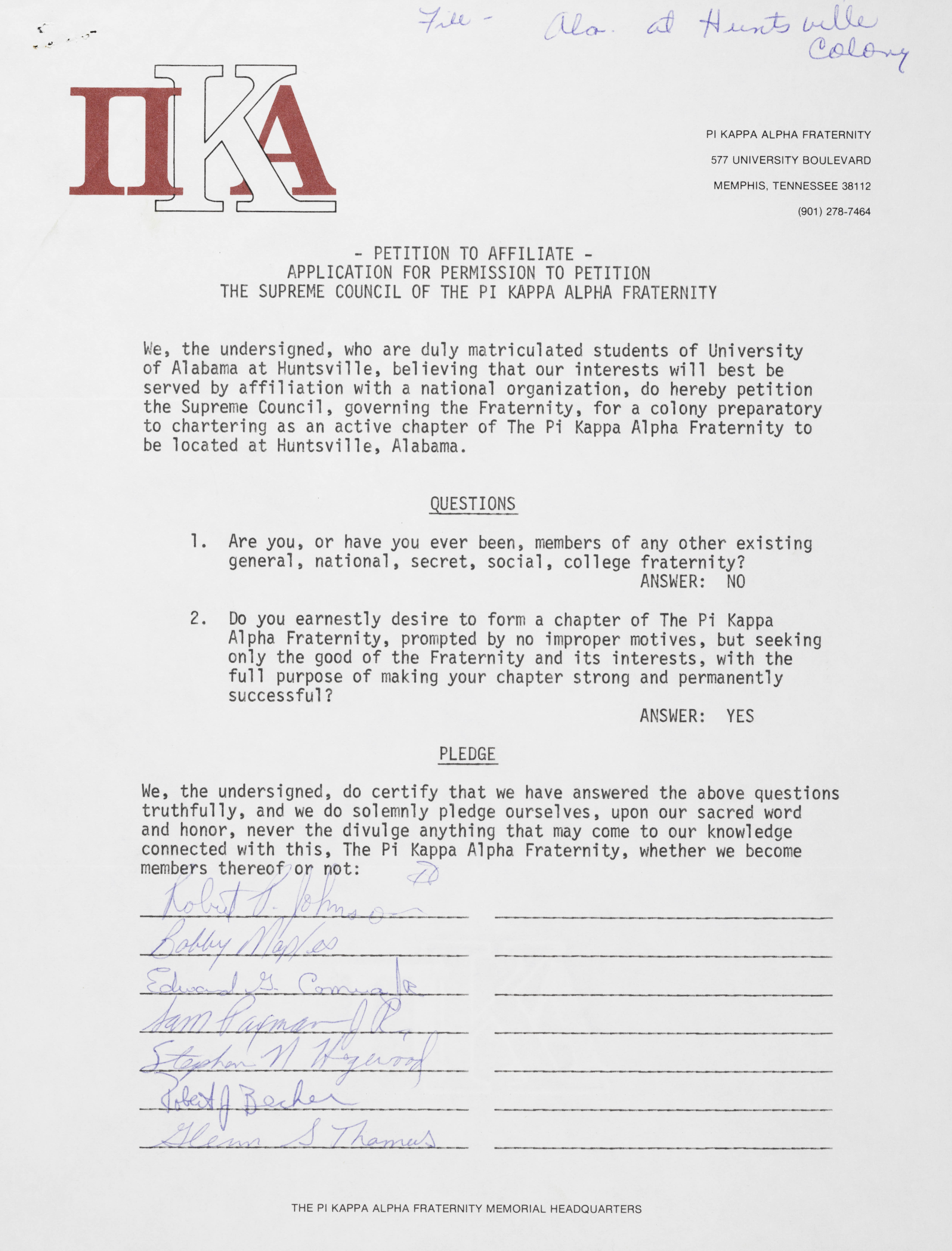 Application for Permission to Petition The Supreme Council of The Pi Kappa Alpha Fraternity, March 13, 1977