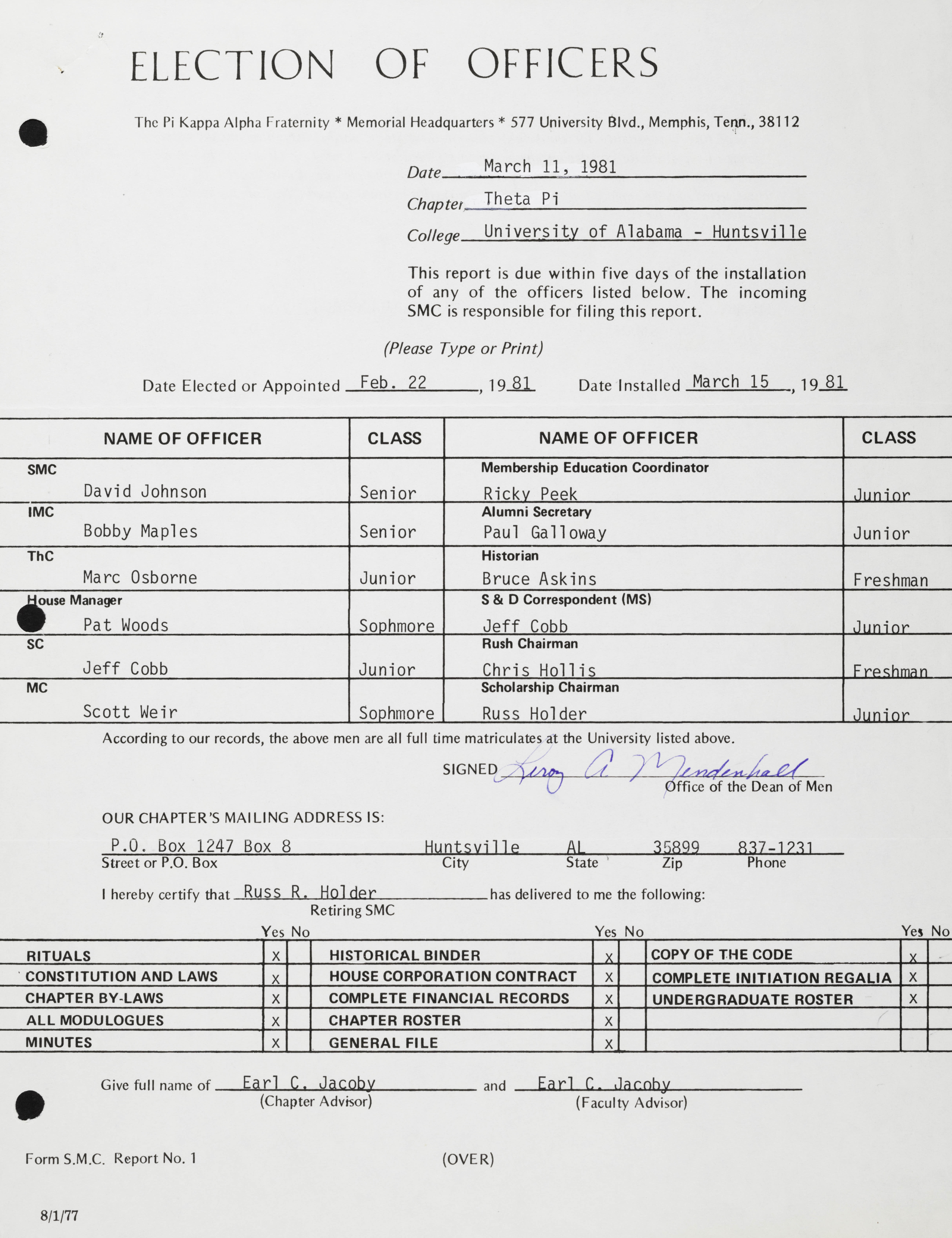 Election of Officers Report, March 11, 1981
