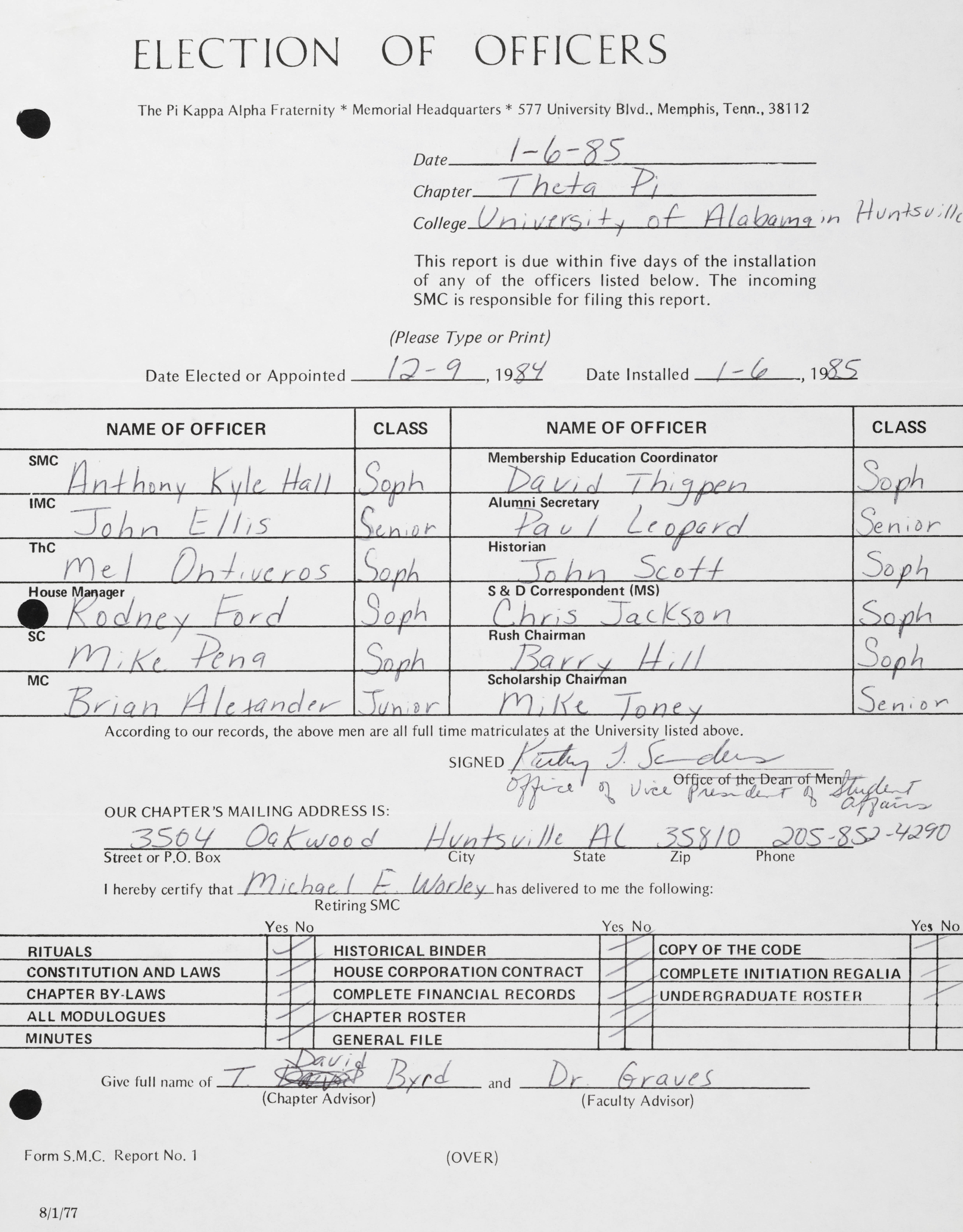 Election of Officers Report, January 6, 1985