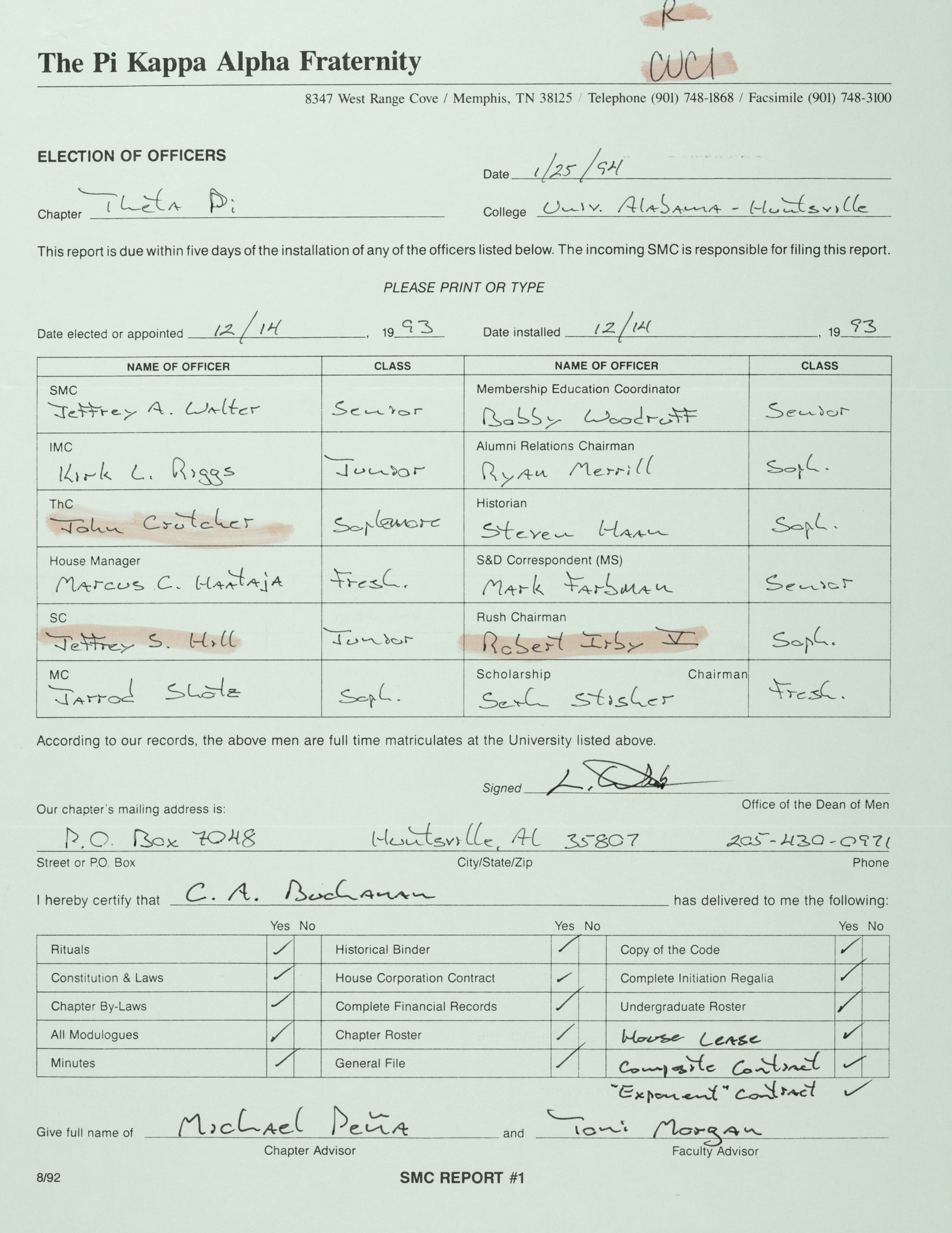 Election of Officers Report, January 25, 1994