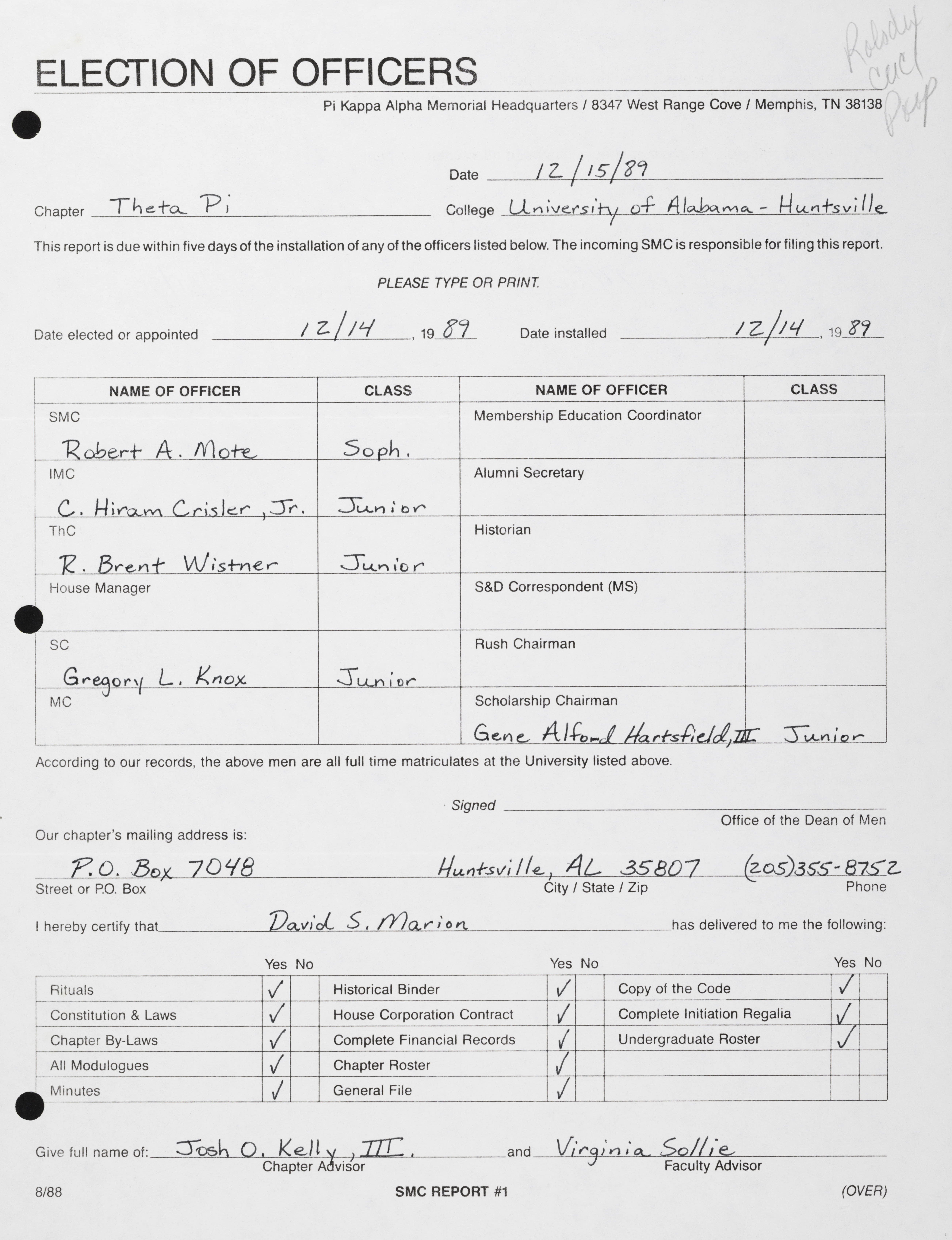 Election of Officers Report, December 15, 1989