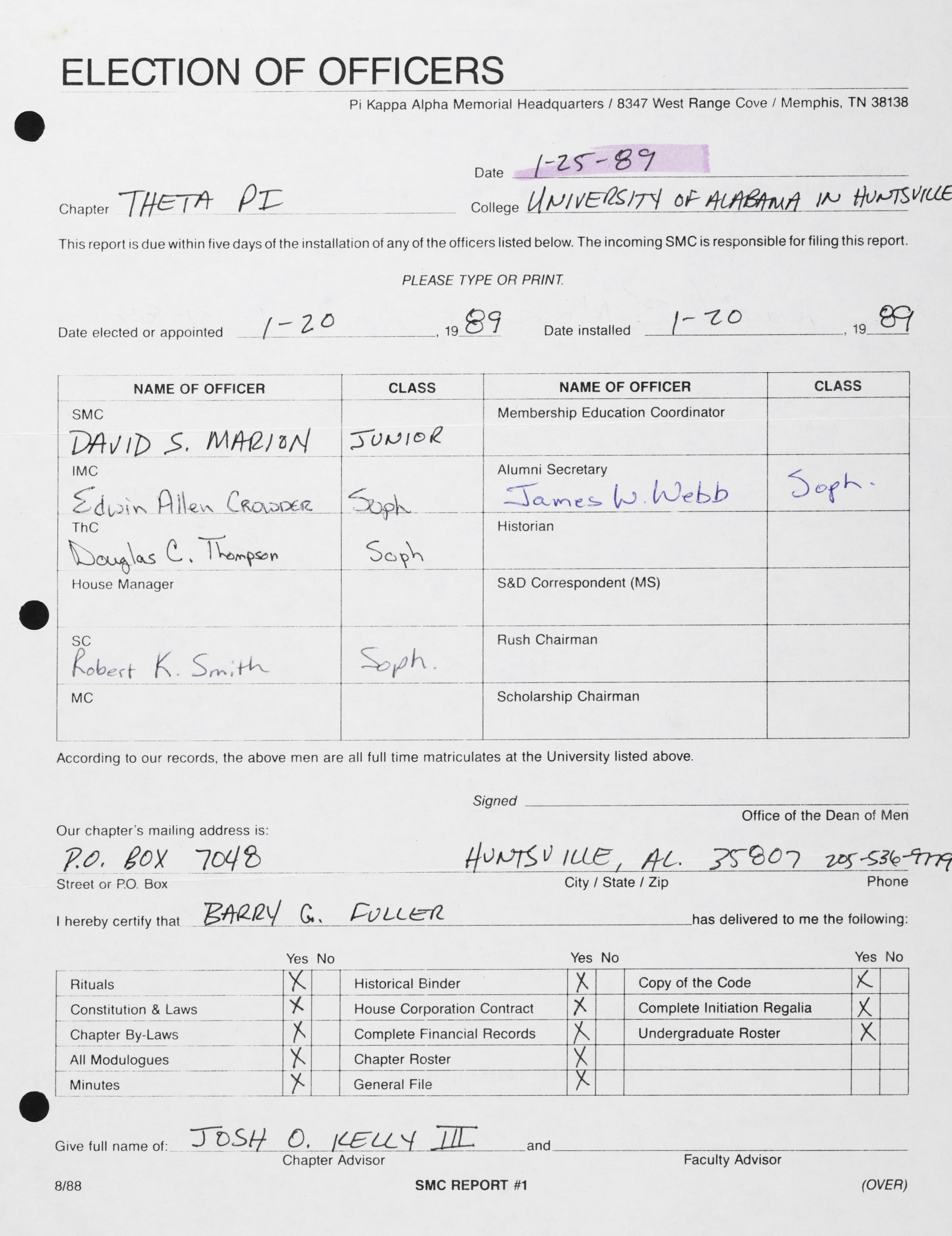 Election of Officers Report, January 25, 1989