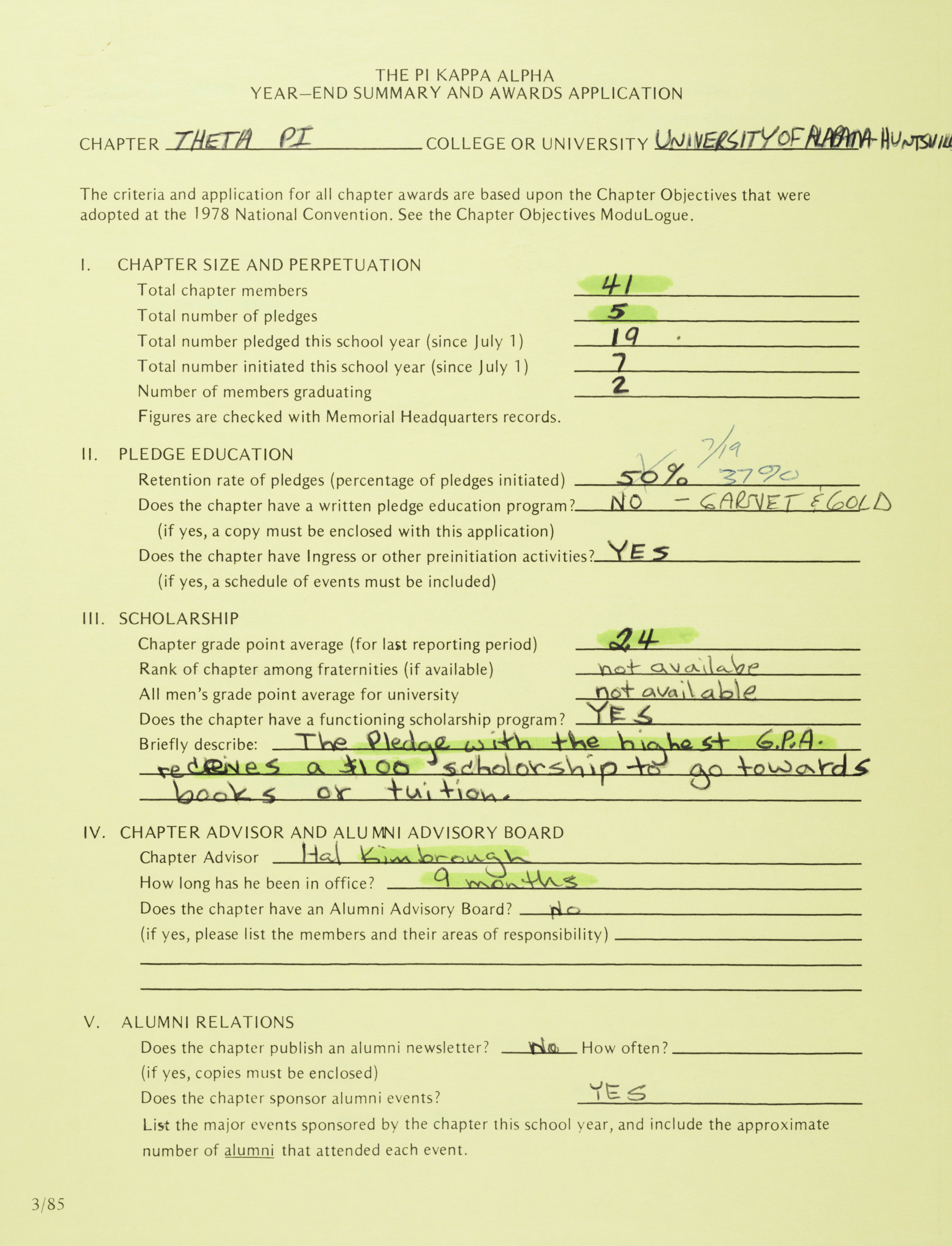 The Pi Kappa Alpha Year-End Summary and Awards Application, May 12, 1987