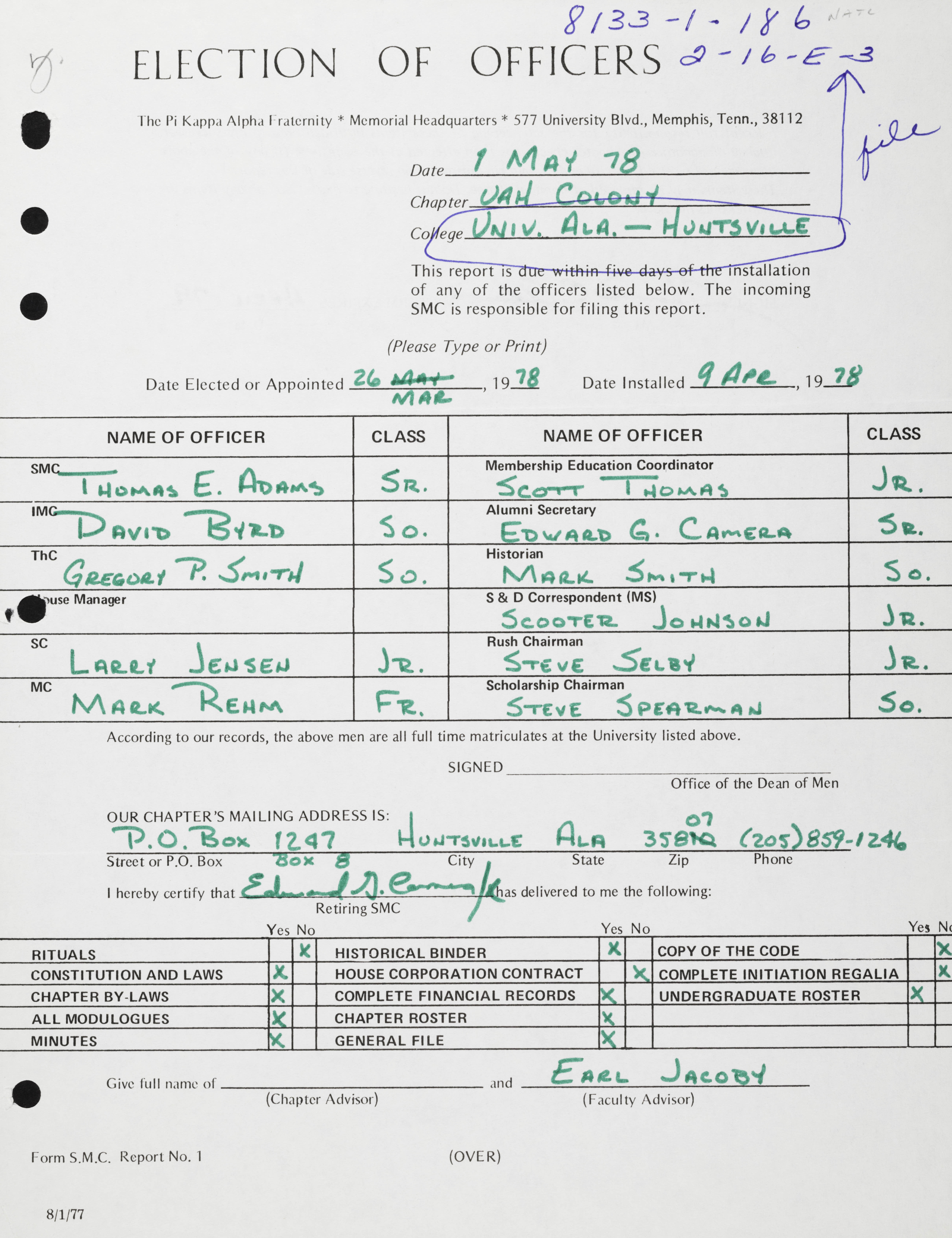 Election of Officers Report, May 1, 1978
