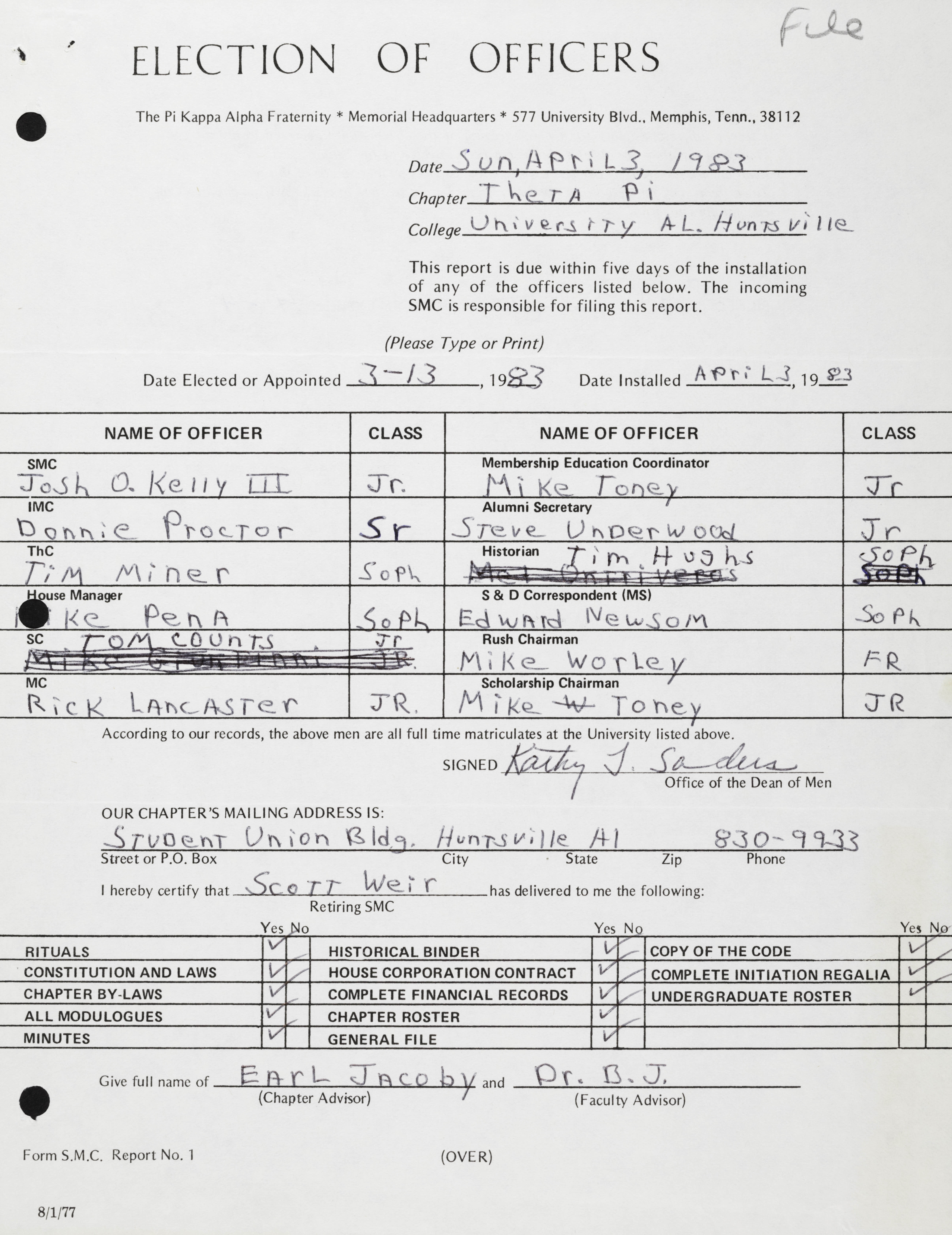 Election of Officers Report, April 13, 1983
