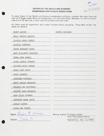 Sisters of the Shield and Diamond Membership Certificate Order Form, December 1, 1981