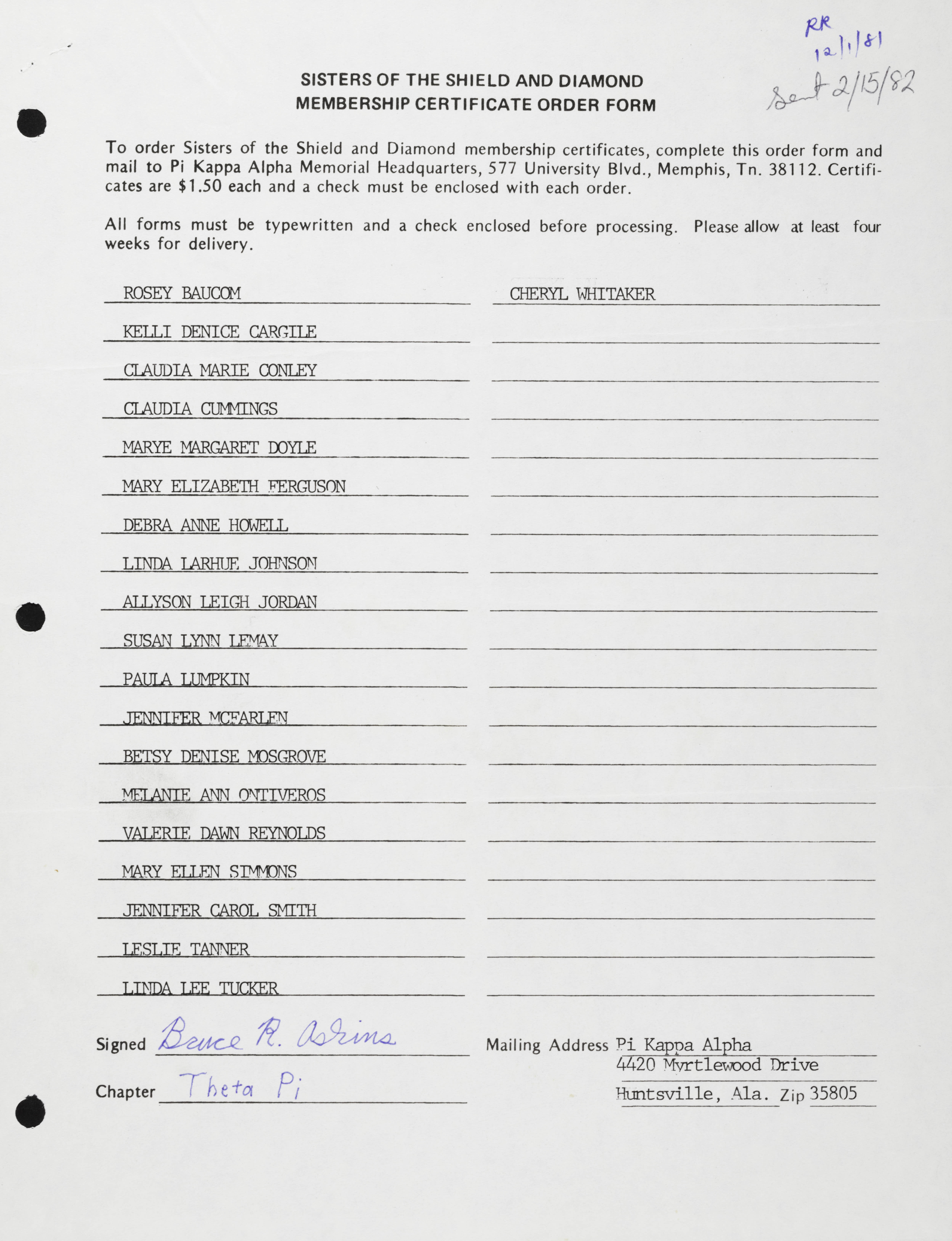 Sisters of the Shield and Diamond Membership Certificate Order Form, December 1, 1981
